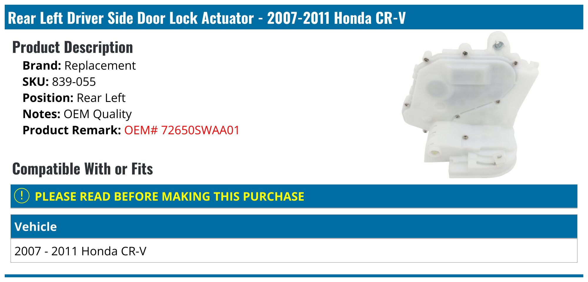 Door Lock Actuator Replacement For Honda Civic, CRV, Odyssey – 4-Piece Set For 2003-2005 Models