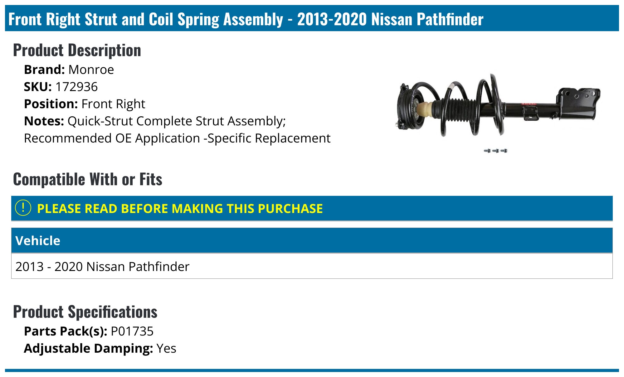 Front Right Quick Complete Strut and Coil Spring For 2013-2020 Nissan Pathfinder