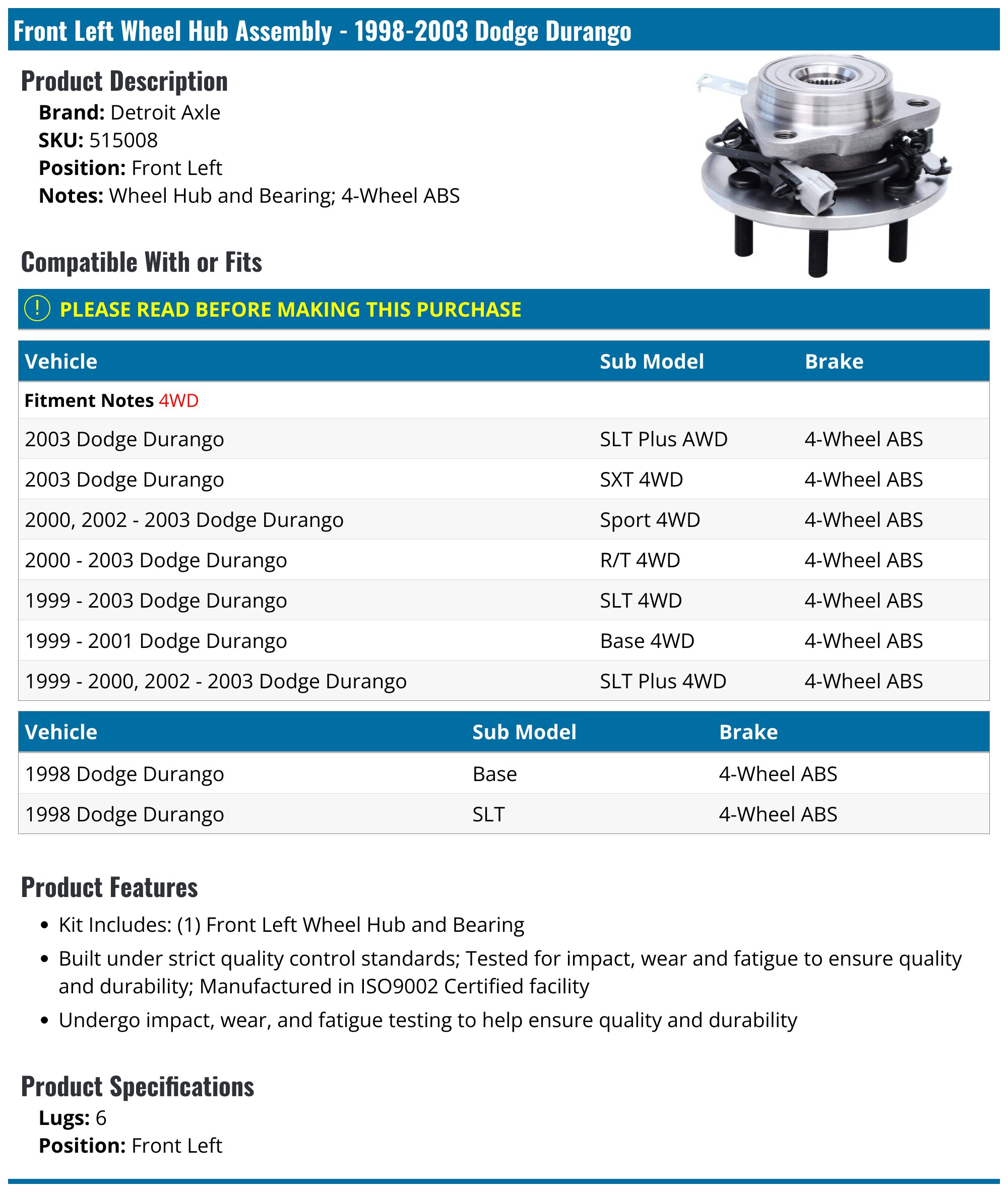 1998-2003 Dodge Durango Wheel Hub Assembly - Detroit Axle 515008 ...