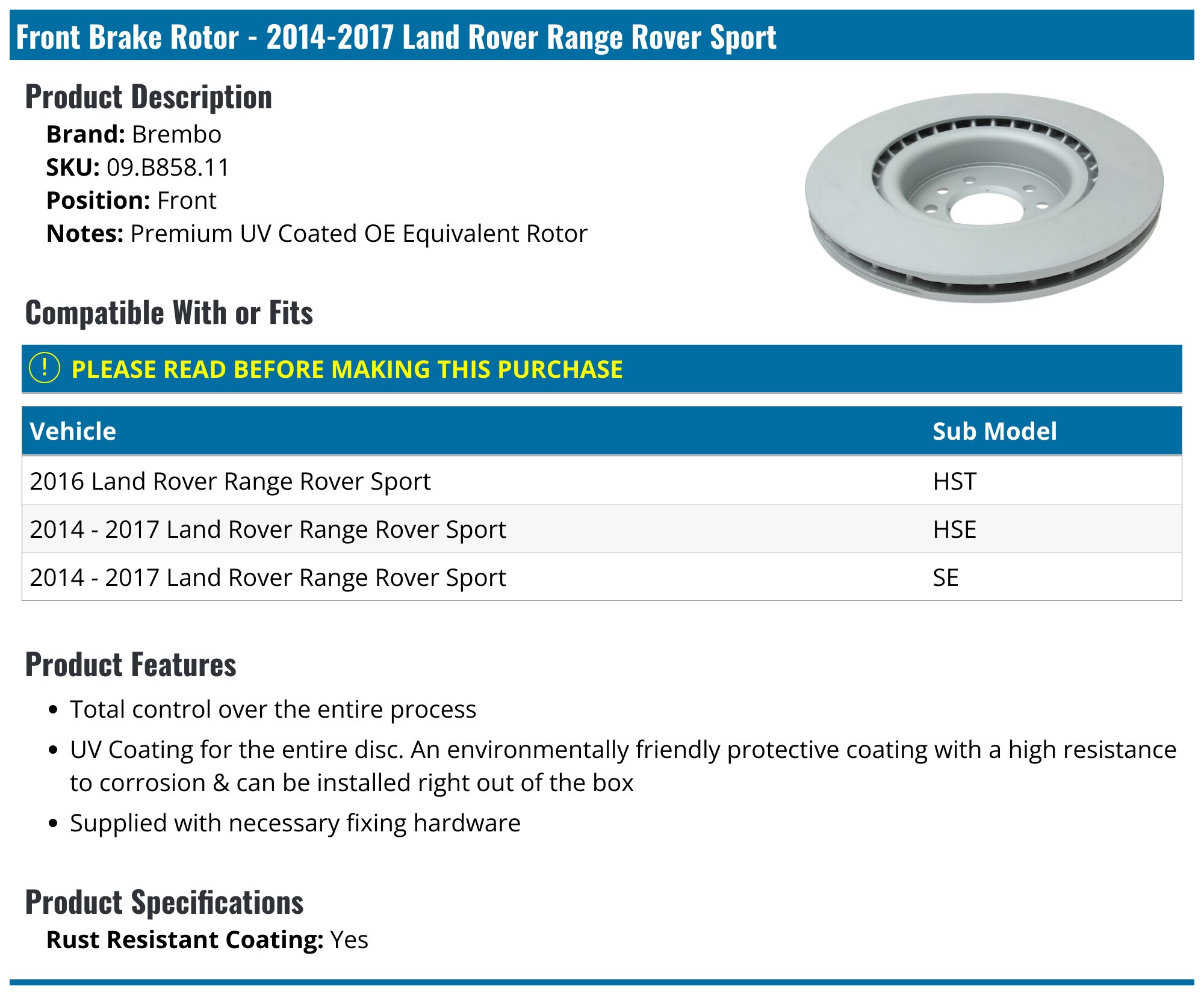 2006-2017 Land Rover Range Rover Sport Brake Rotor - Brembo 09.B858.11 -  Front - PartsGeek.com
