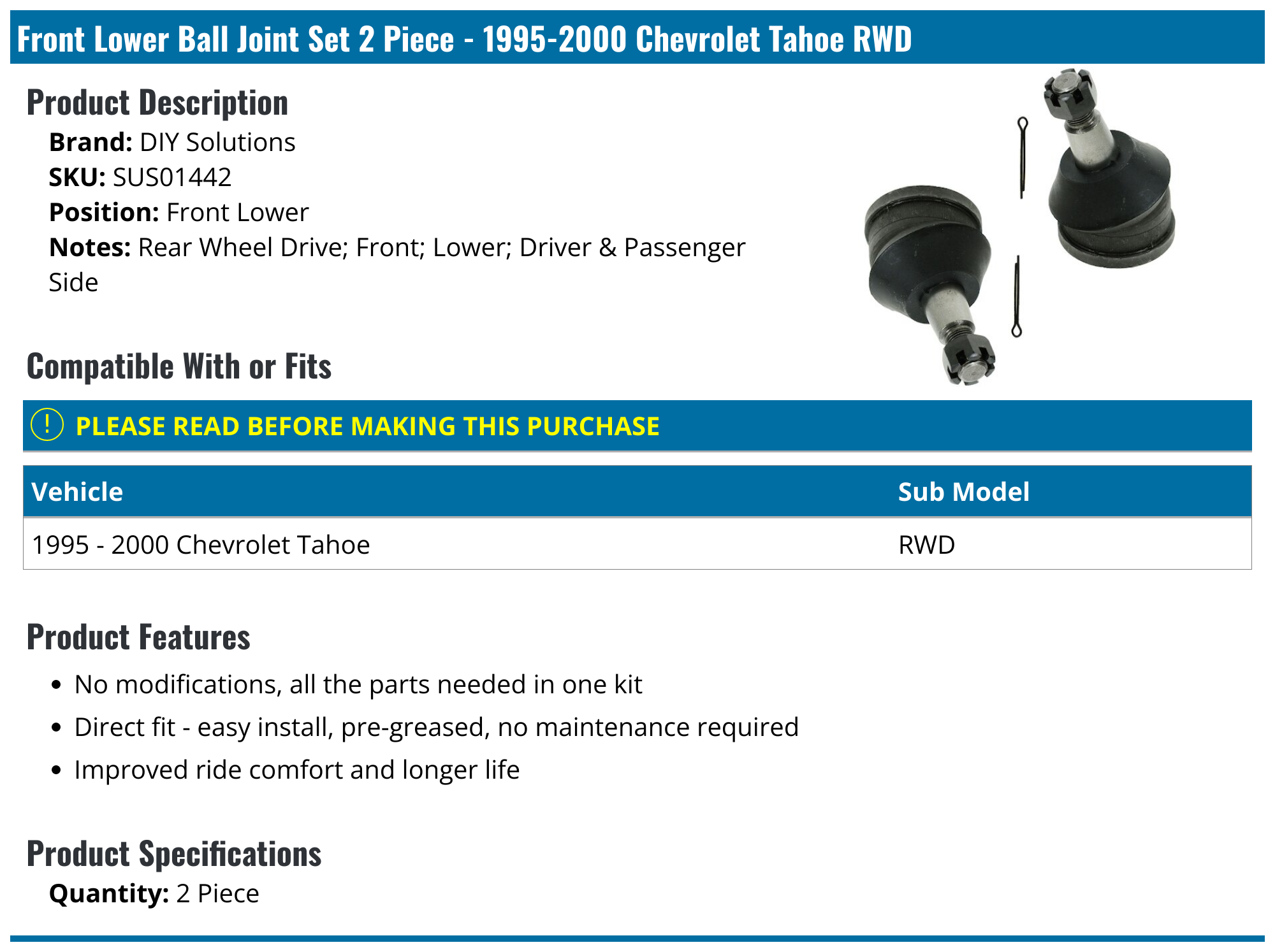 19952000 Chevrolet Tahoe Ball Joint DIY Solutions SUS01442 Front Lower