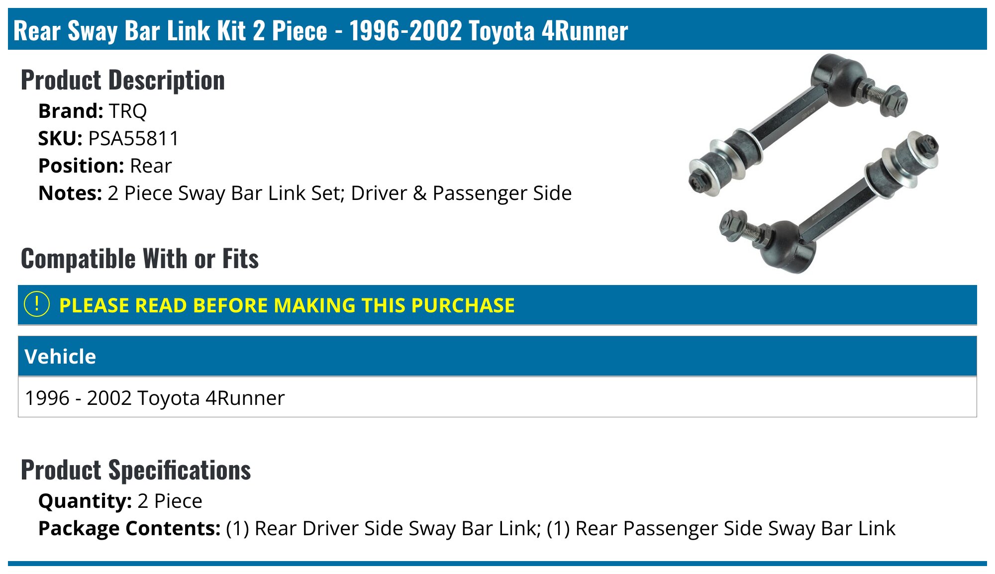 1996-2002 Toyota 4Runner Sway Bar Link - TRQ PSA55811 - Rear ...