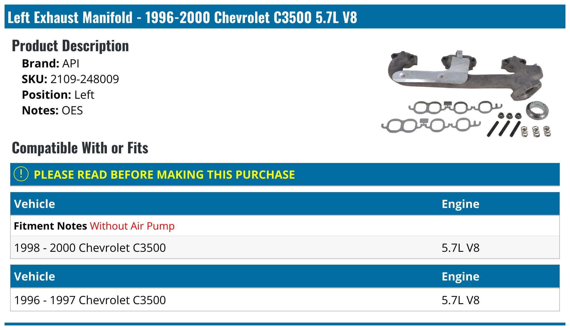 1996-2000 Chevrolet C3500 Exhaust Manifold - API 3082-07386217