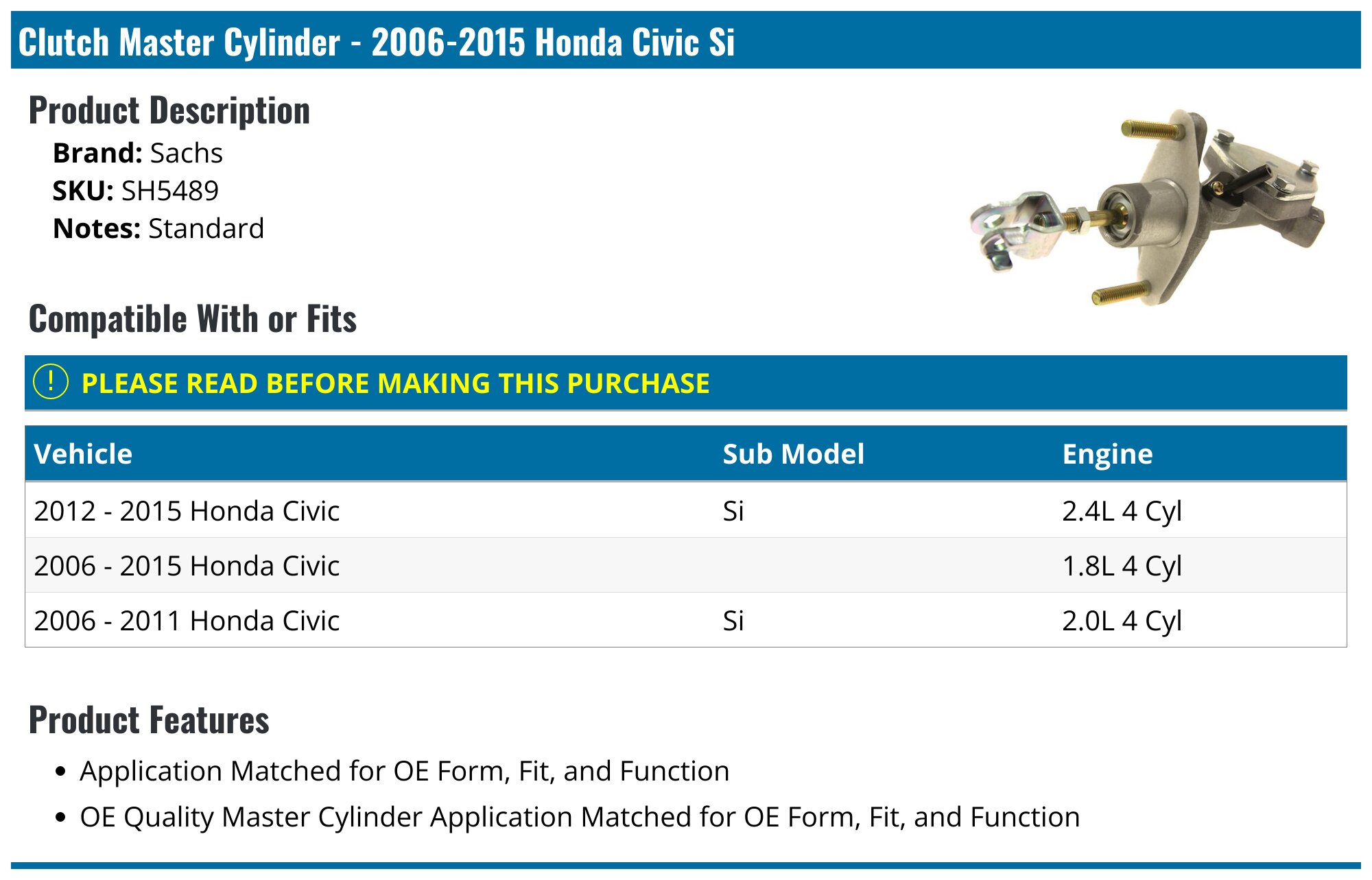 20062015 Honda Civic Clutch Master Cylinder Sachs SH5489