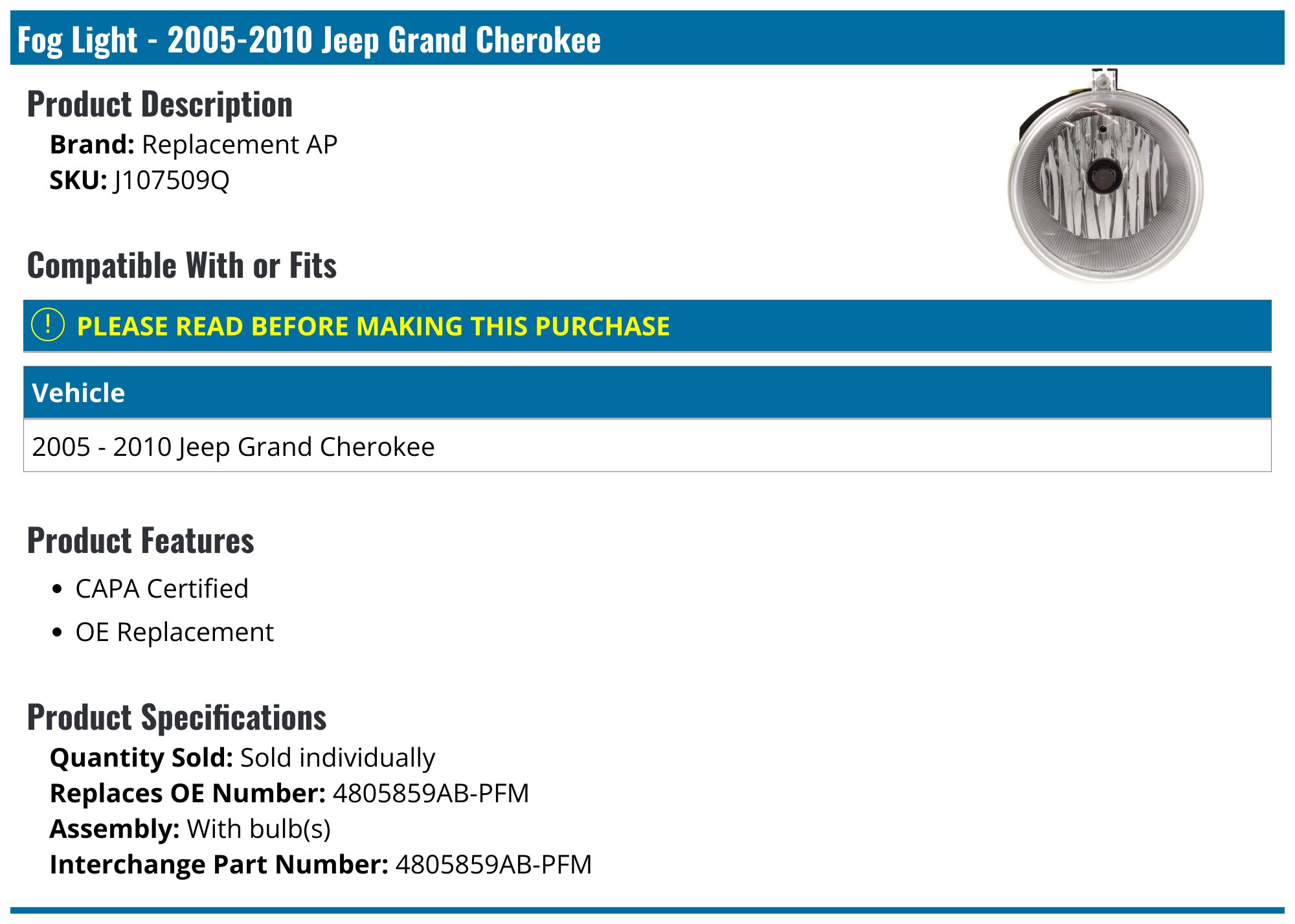 Winjet Fog Lights For 2005-2010 Jeep Grand Cherokee - Smoke Lens, Black Housing, Halogen, Pair, 2-Year Warranty