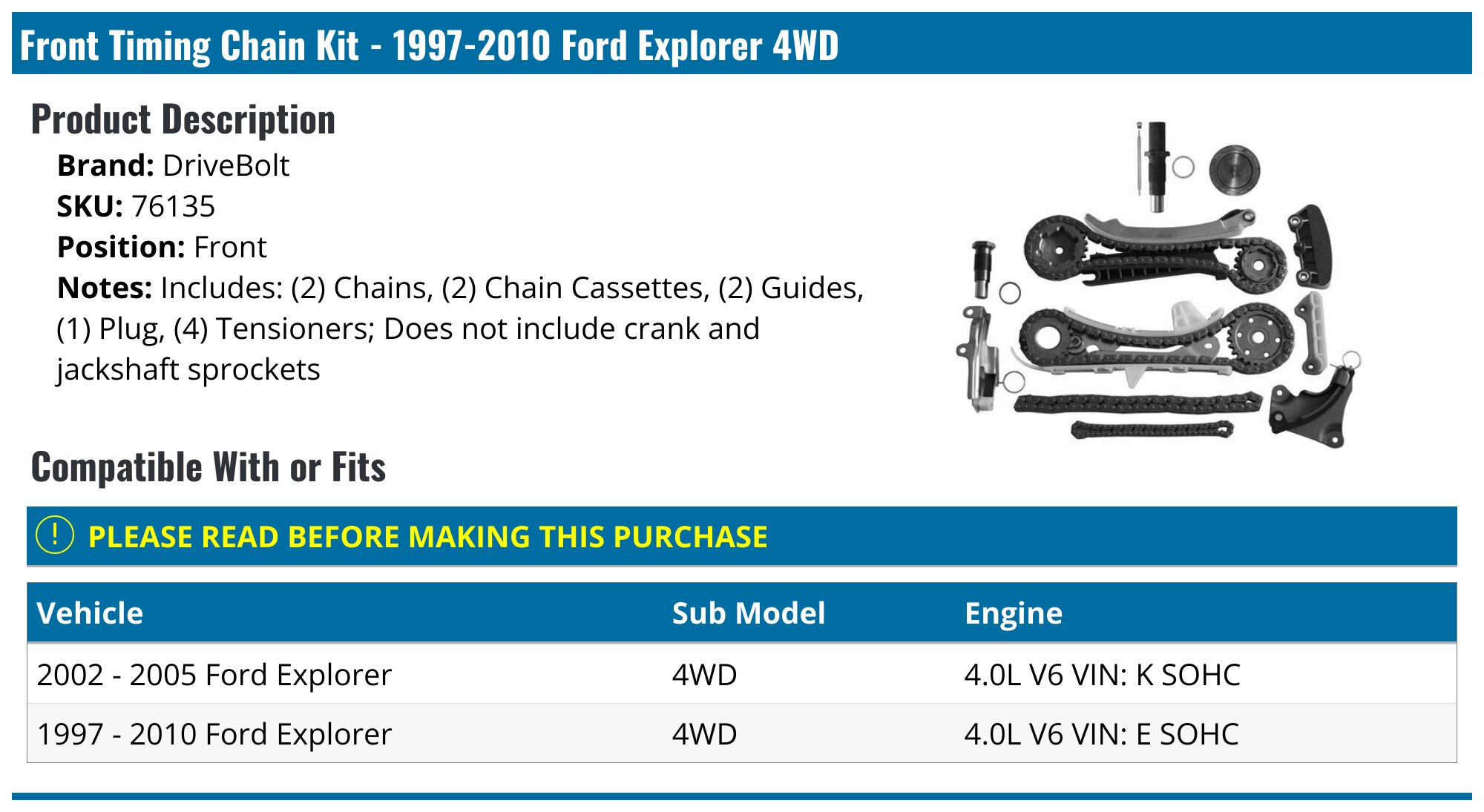 SCITOO Timing Chain Kit Fits For 1997 2010 9-0389SX For Ford Explorer