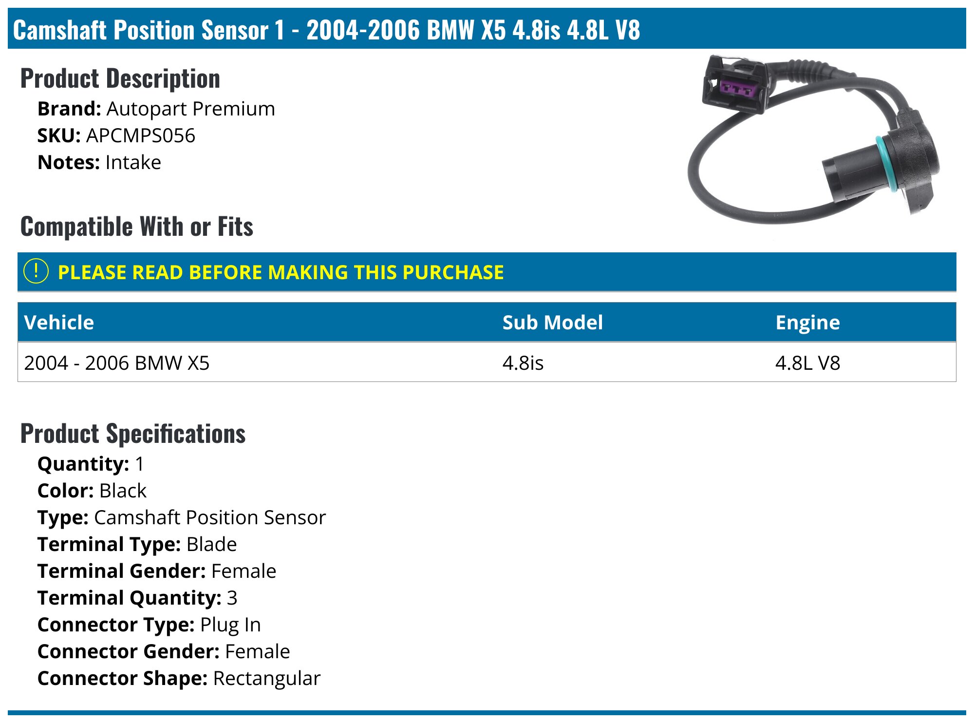 2004-2006 BMW X5 Camshaft Position Sensor - Autopart Premium APCMPS056 ...