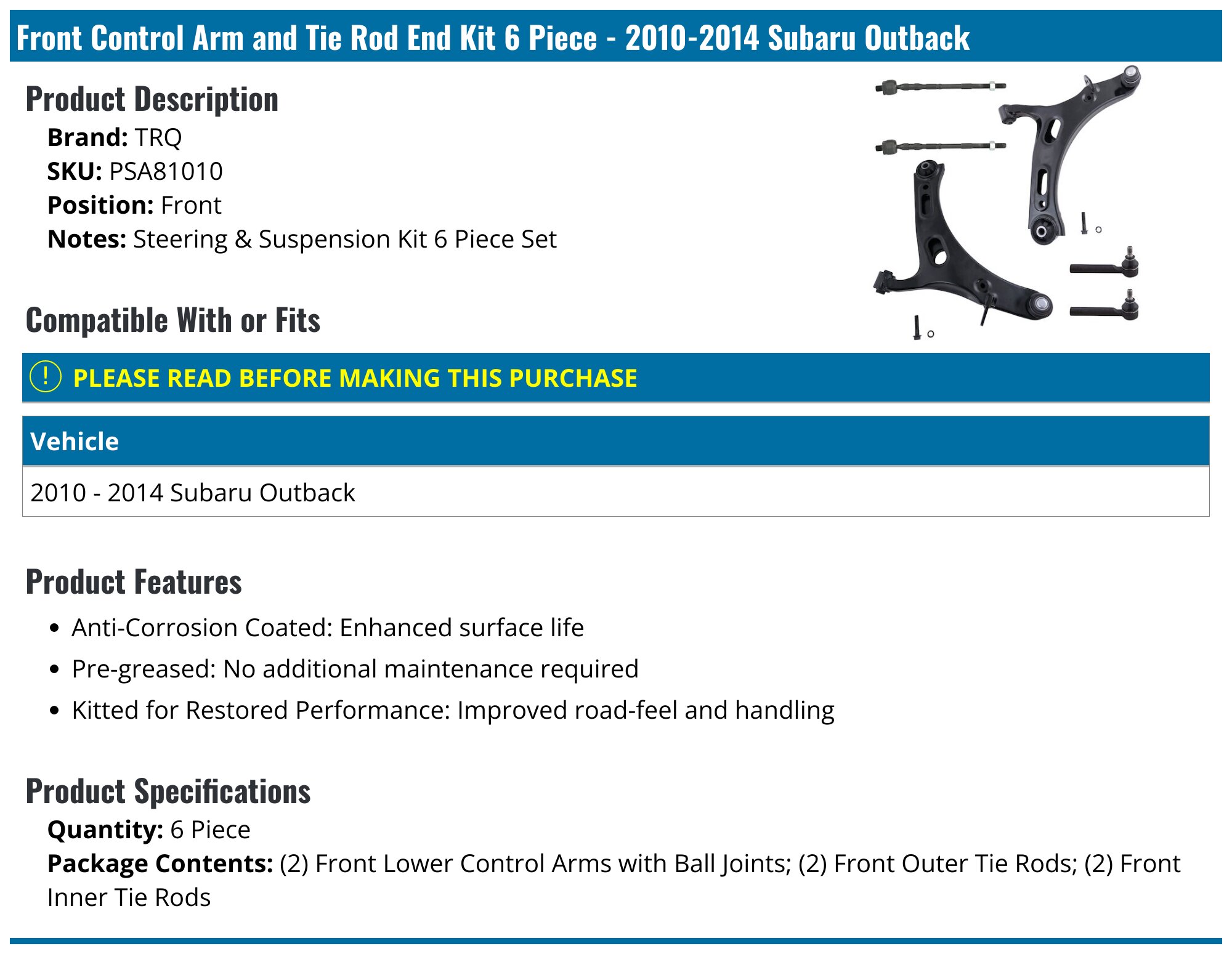 Front Lower Control Arms w/ Ball Joint Sway Bars Kit for 2010-2014 Subaru Legacy