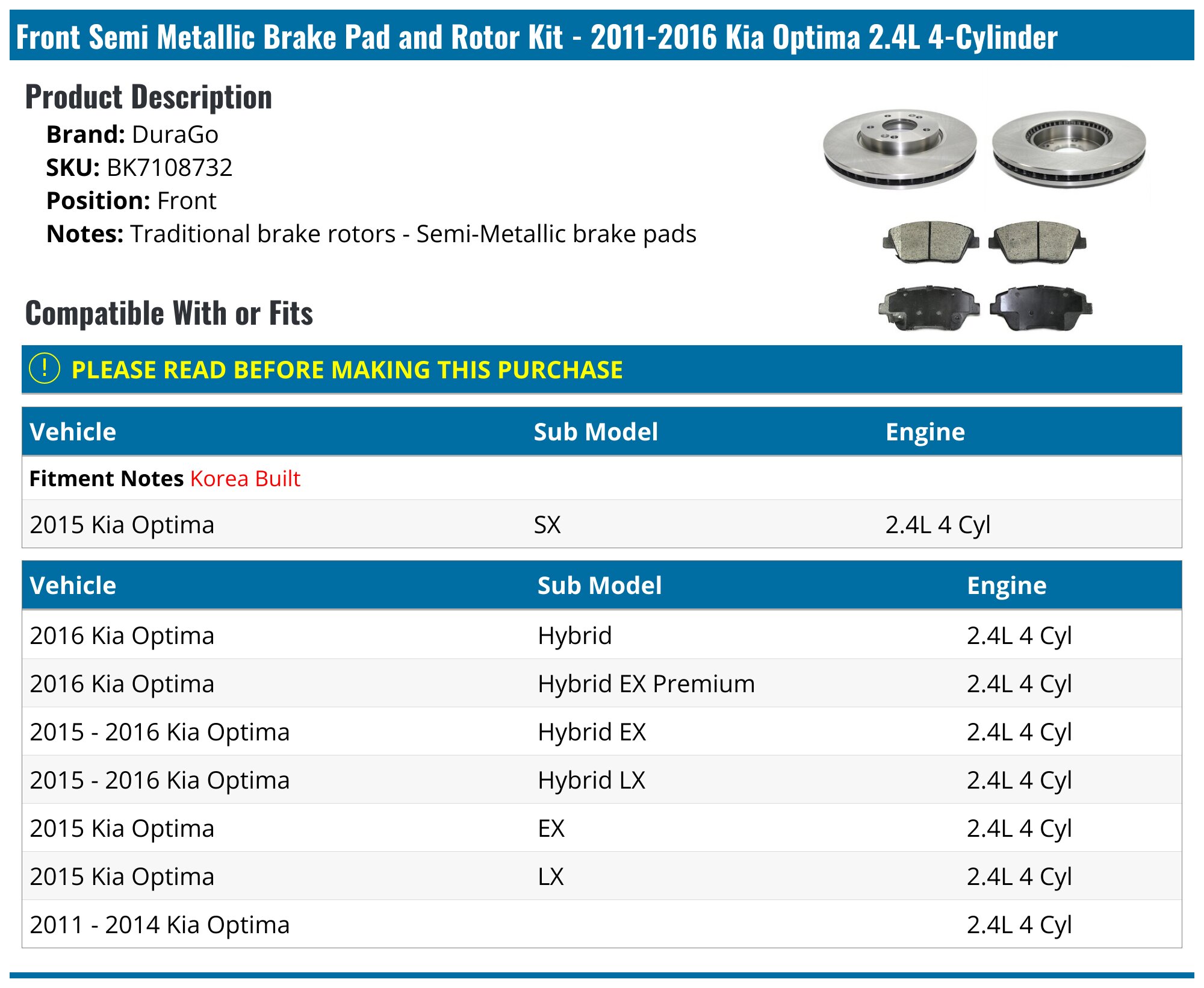 Front Drilled & Slotted Brake Rotors And Ceramic Pads Kit For Kia Optima / Hyundai Sonata 2.4L (2011-2015)