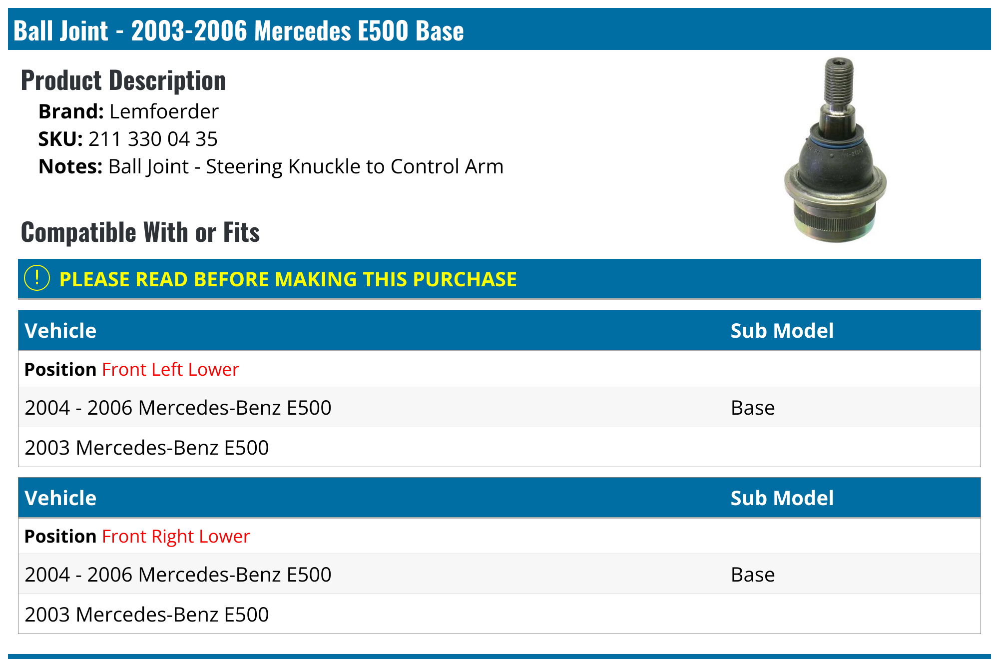 20032006 Mercedes E500 Ball Joint Lemfoerder 211 330 04 35 Front