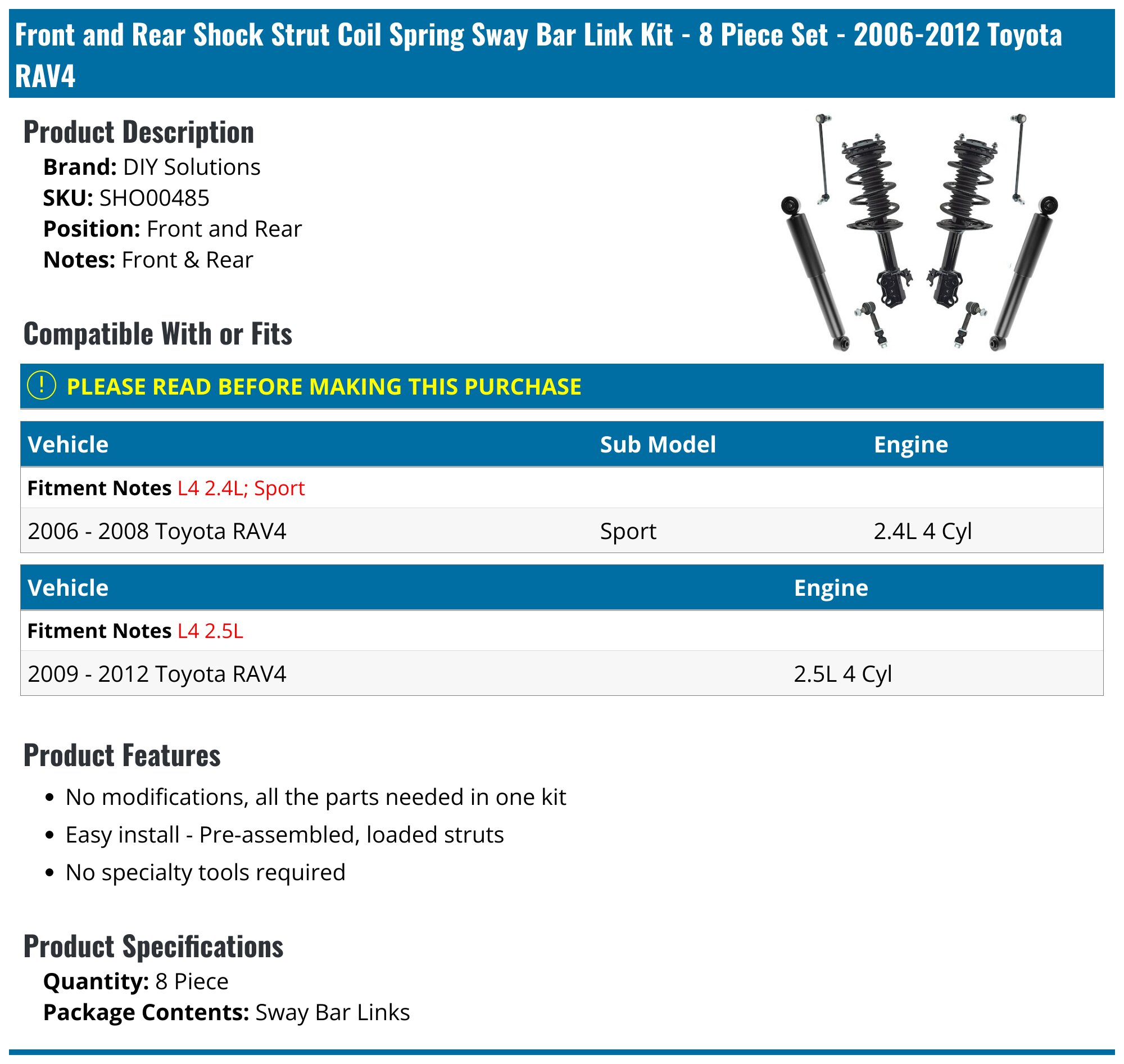 TRQ Toyota Rav4 Front & Rear Suspension Strut & Shock Absorber Kit