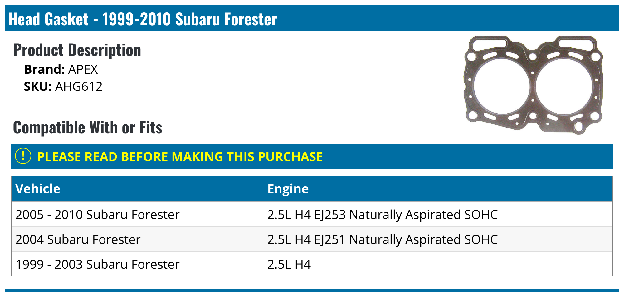 19992010 Subaru Forester Head Gasket APEX AHG612