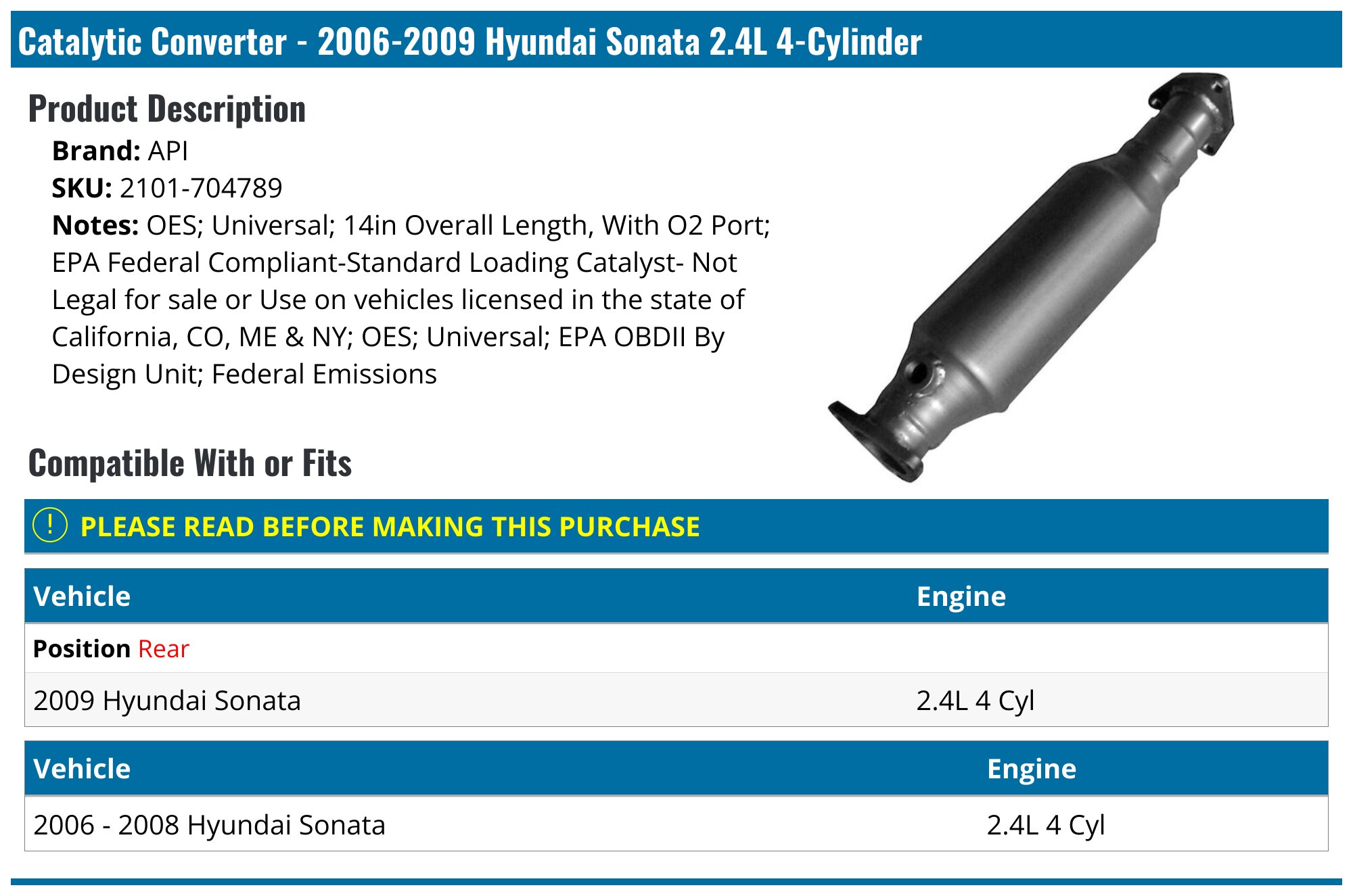 20062009 Hyundai Sonata Catalytic Converter API 1862102675623