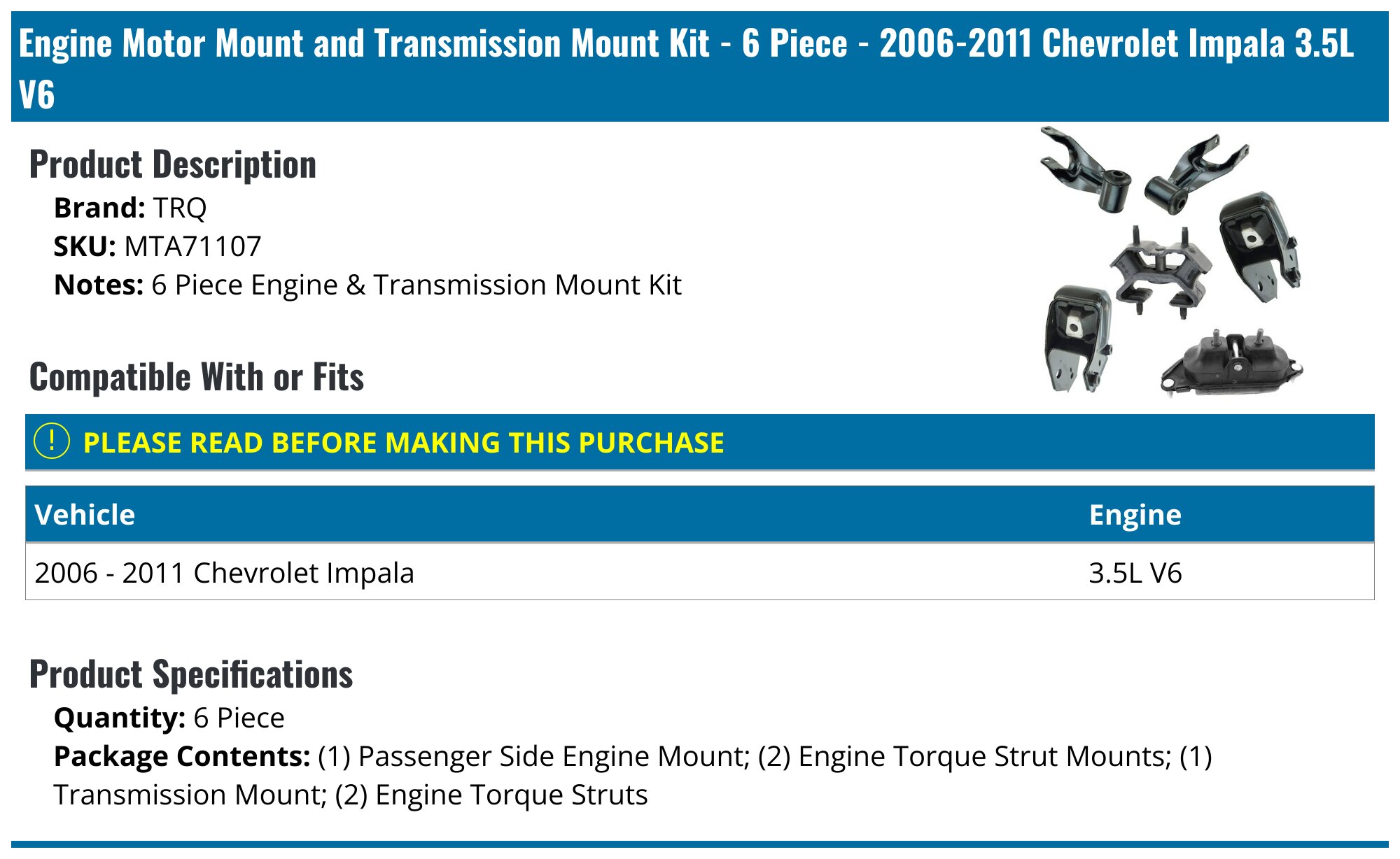2006-2011 Chevrolet Impala Engine Mount - TRQ MTA71107 - PartsGeek.com