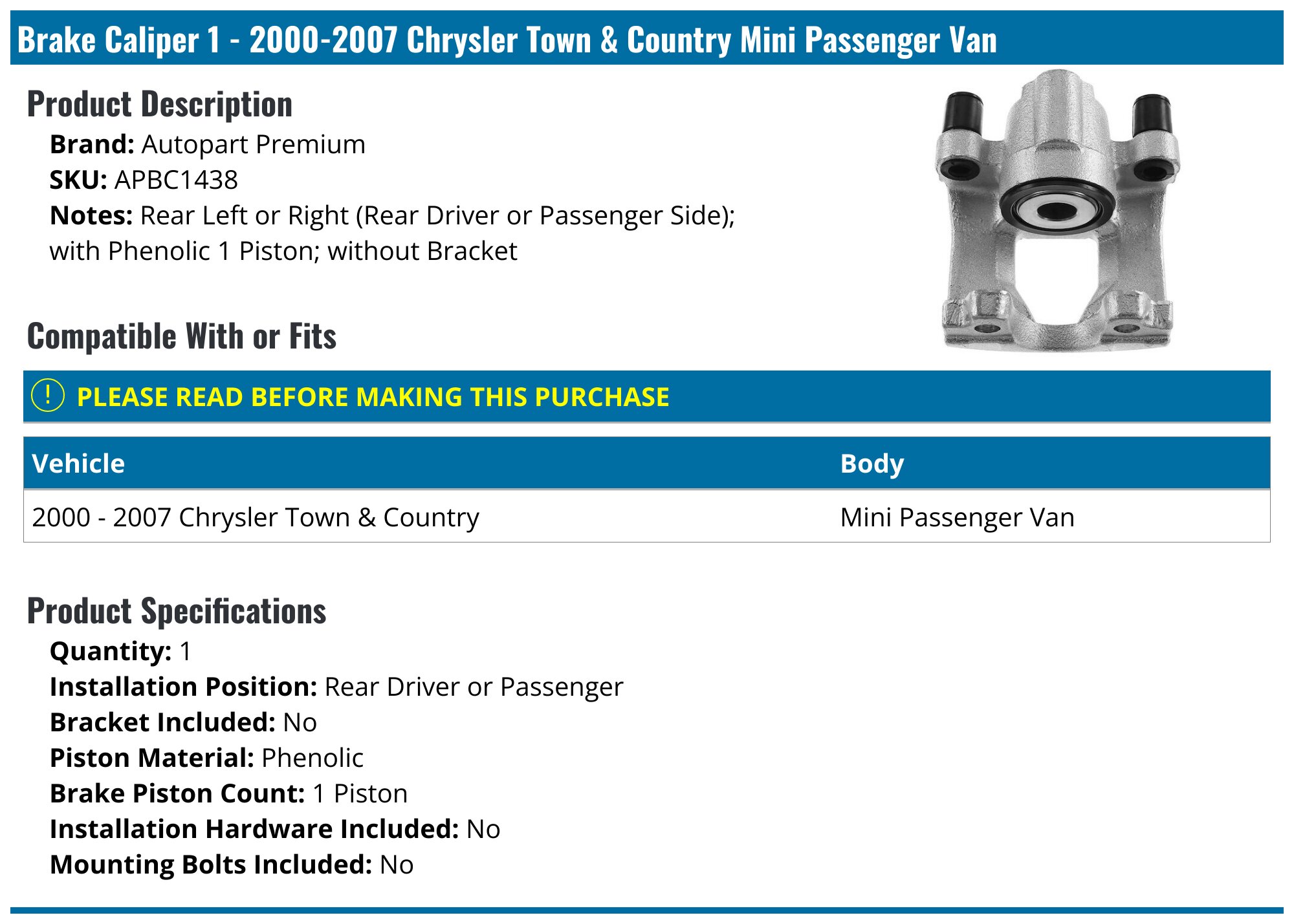 Detroit Axle Front Left Brake Caliper W/ Bracket For 2001-2007 Grand Caravan & Town & Country