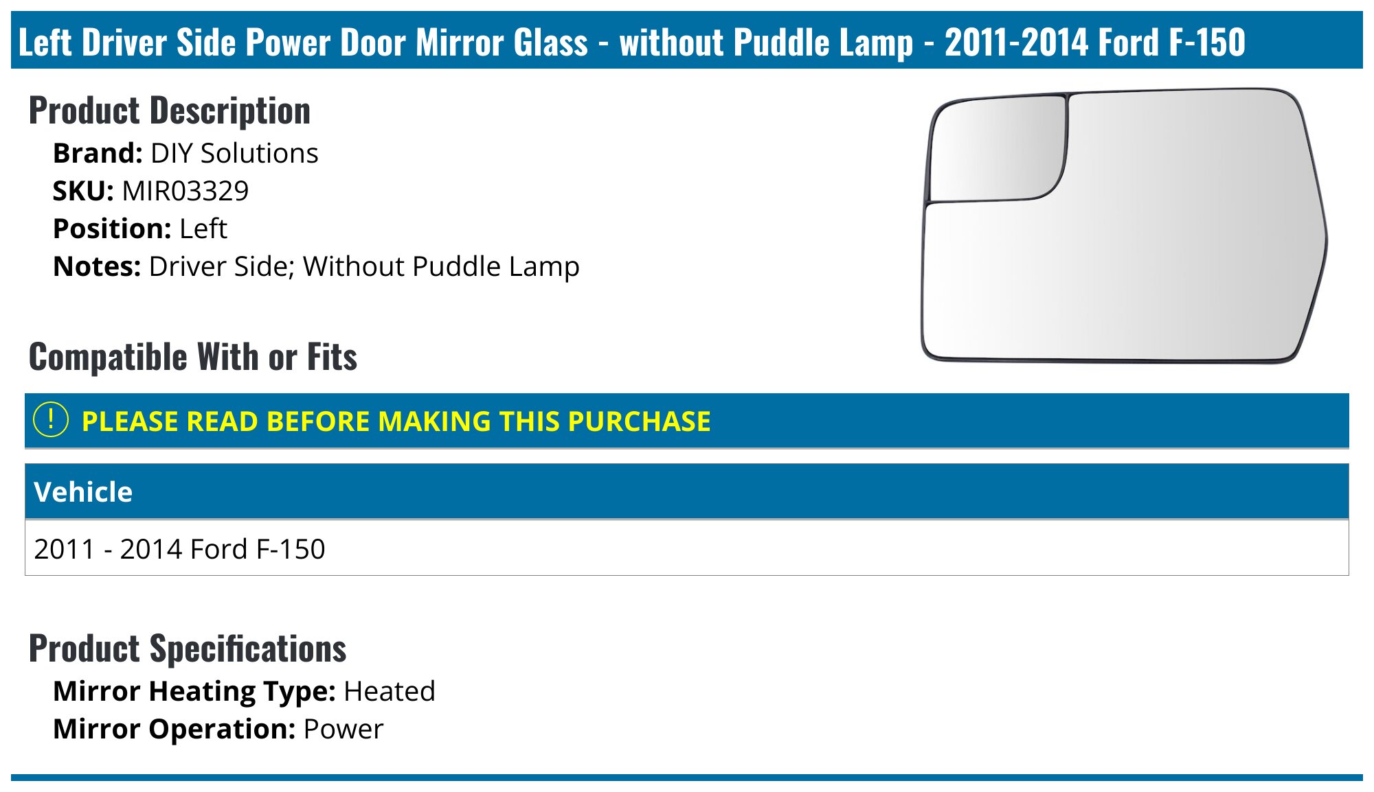 Kool Vue Left Mirror For 2011-2014 Ford F-150 - Manual Fold, Heated, Blind Spot, Signal Light