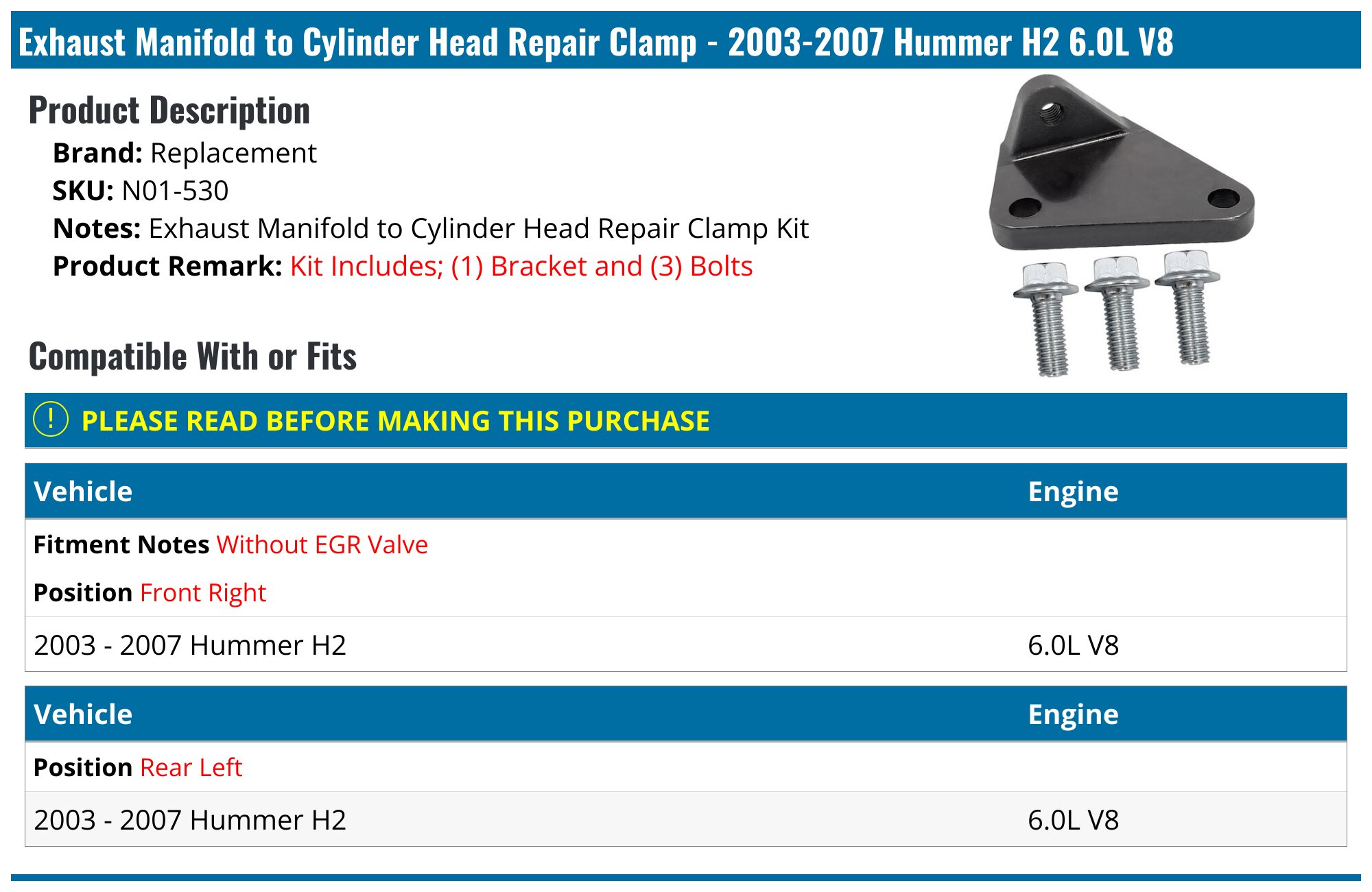 2003-2007 Hummer H2 Exhaust Manifold to Cylinder Head Repair Clamp ...