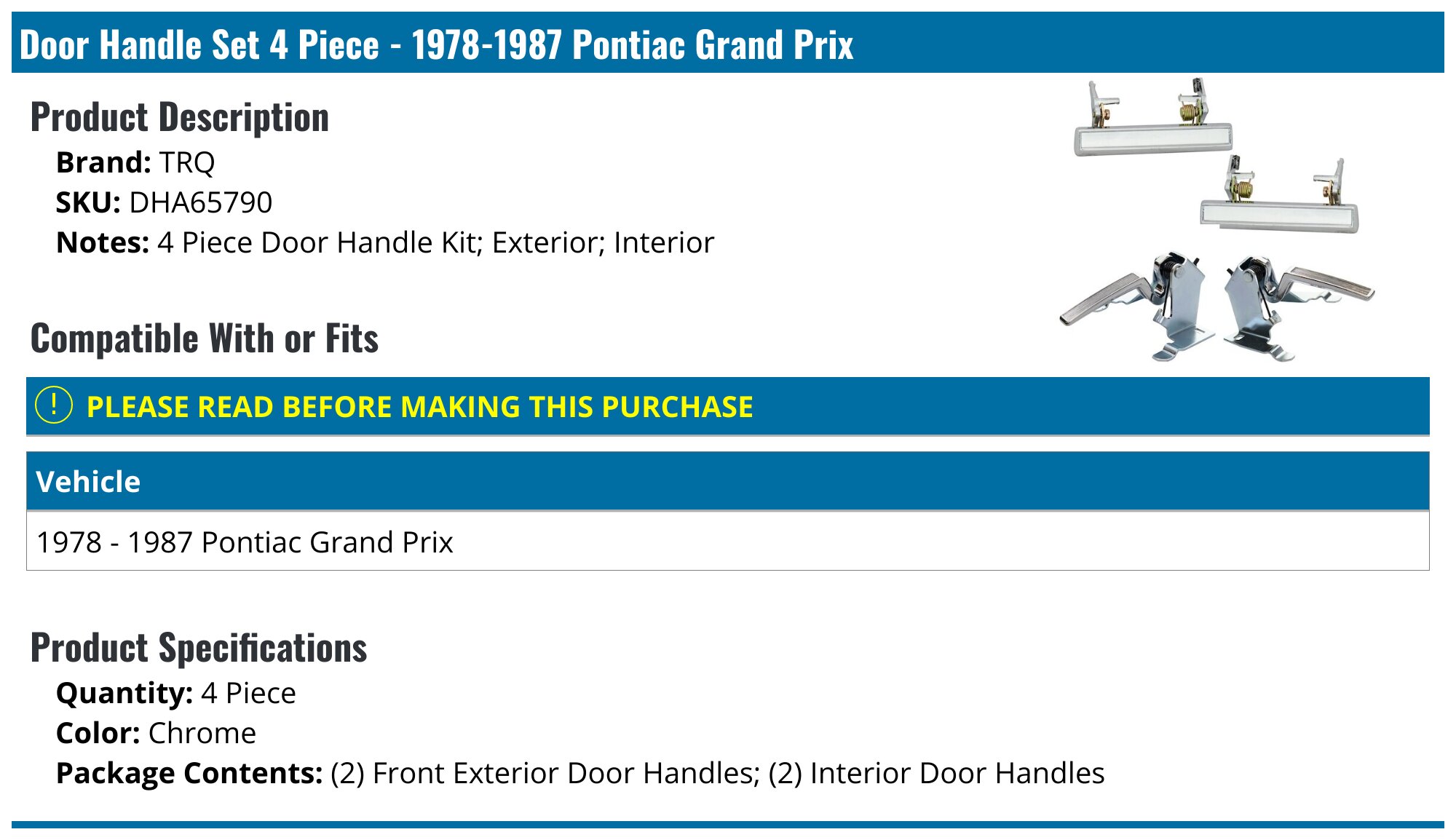 Black Exterior Door Handle – Passenger Side Right RH For Pontiac Grand Prix 1988-1993