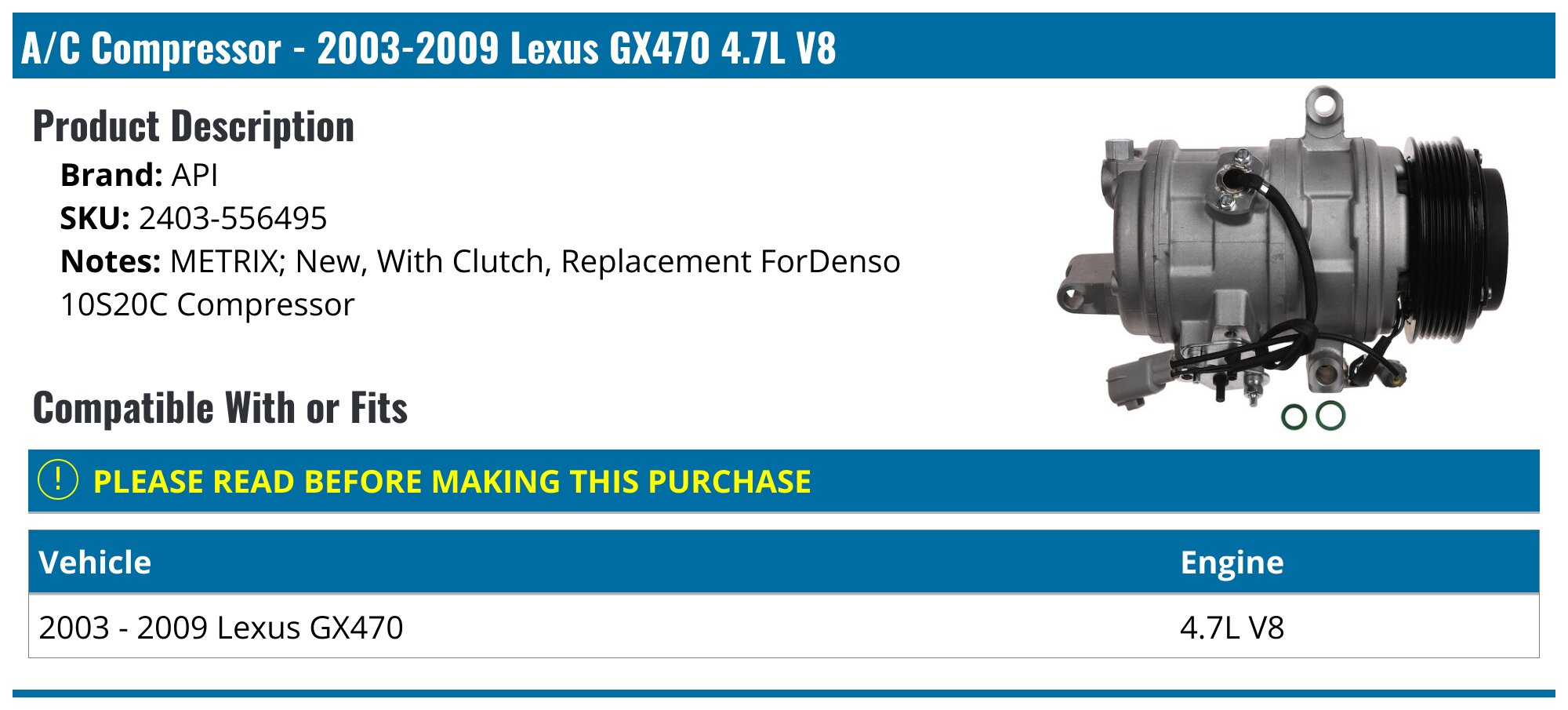 Lexus GX470 AC Compressor - Air Conditioning - Denso UAC