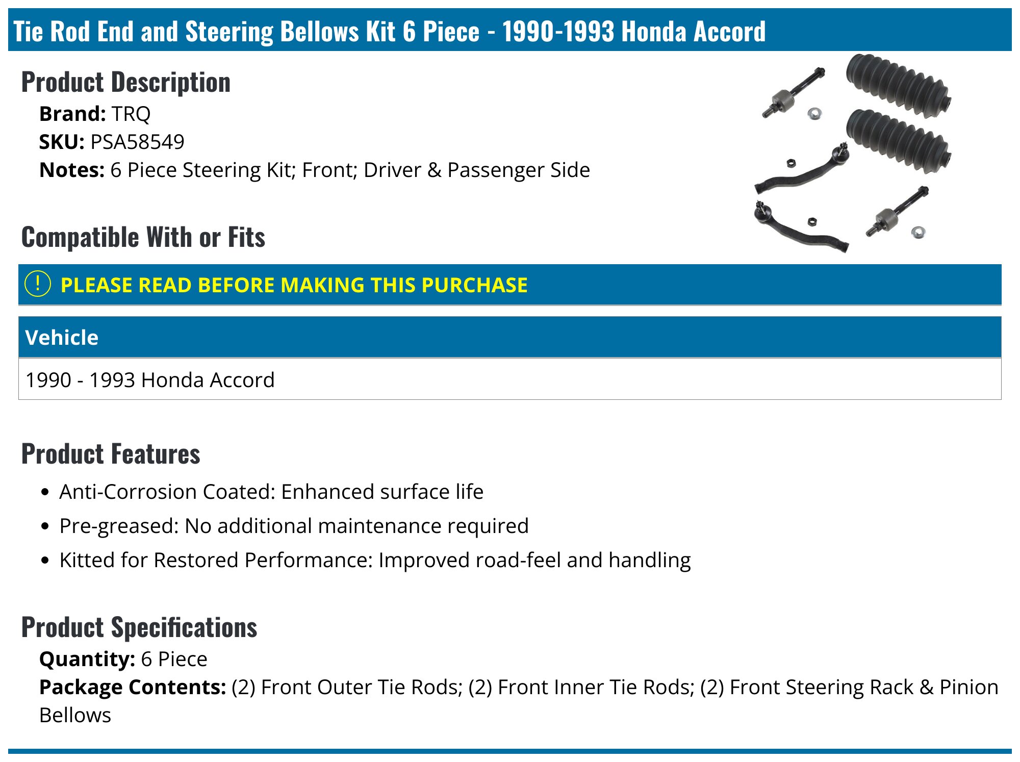 Detroit Axle Front Tie Rod Kit – Inner & Outer – For 1990-1993 Honda Accord 2.2L – 10-Year Warranty