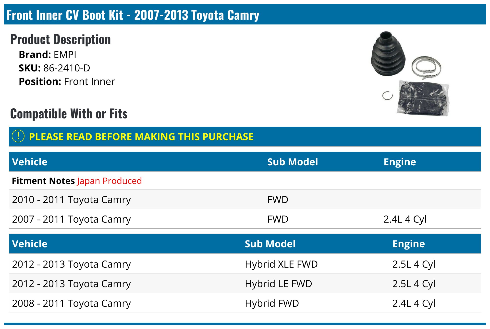 Outer CV Axle Boot for Toyota Camry Made in Japan 4 Cyl 2007-2011