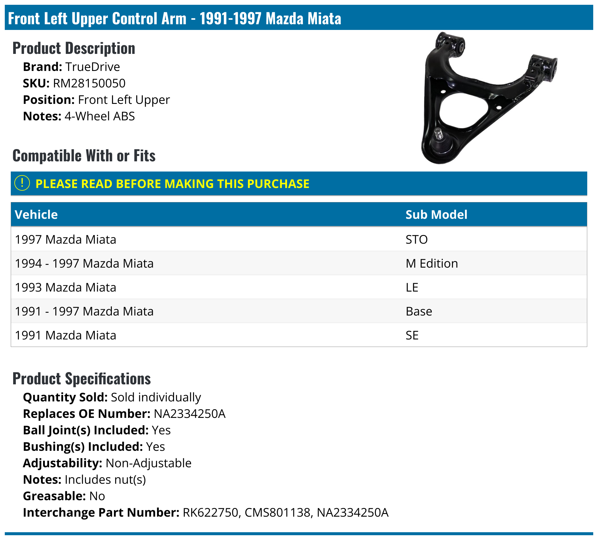 19911997 Mazda Miata Control Arm TrueDrive RM28150050 Front Left