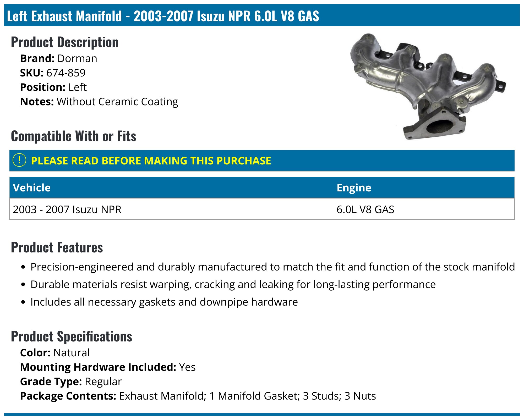 Dorman 674-711 Drivers Side Exhaust Manifold Kit For Select Toyota