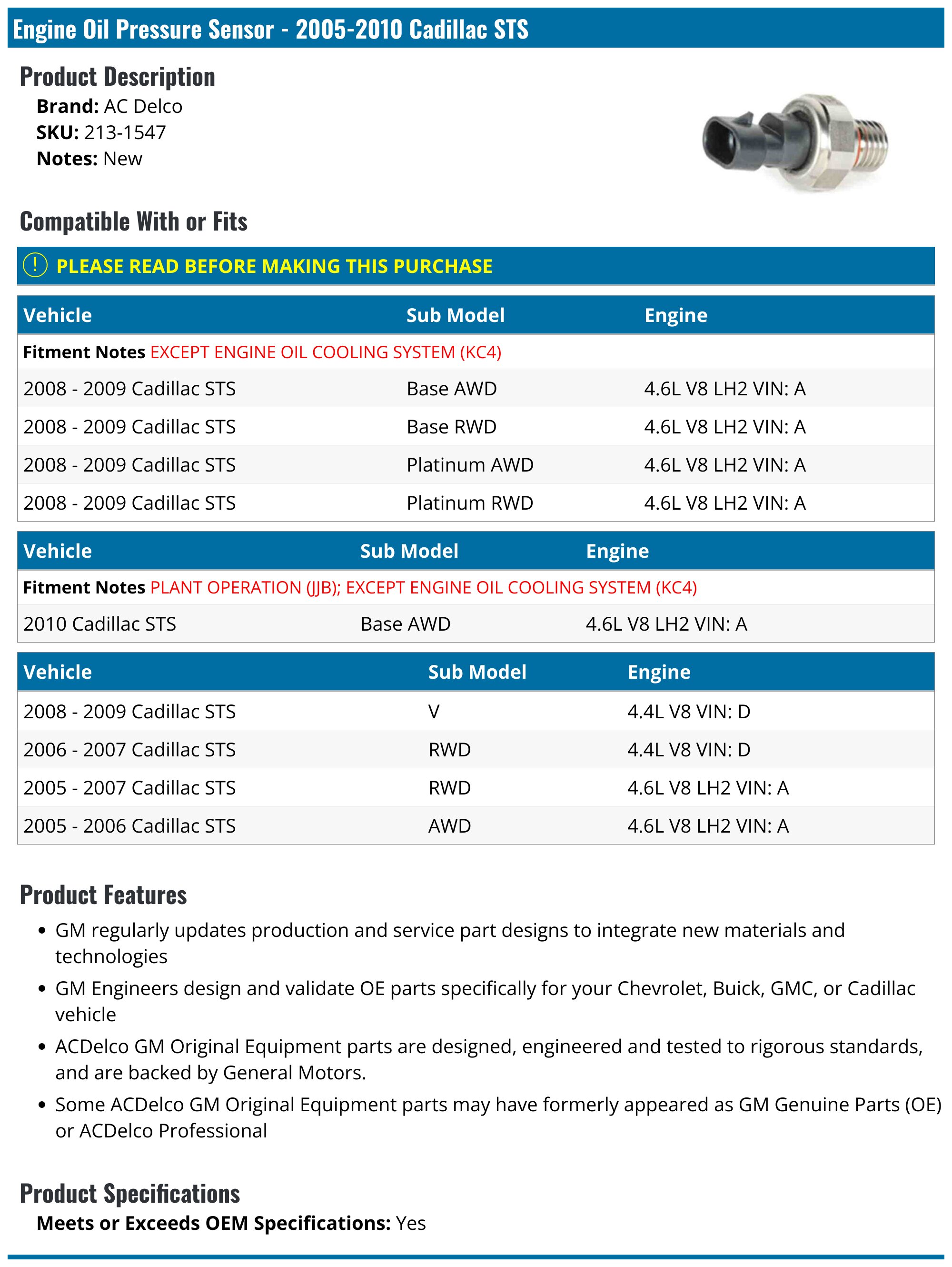 Acdelco™ Engine Oil Pressure Switch - GM (213-1547