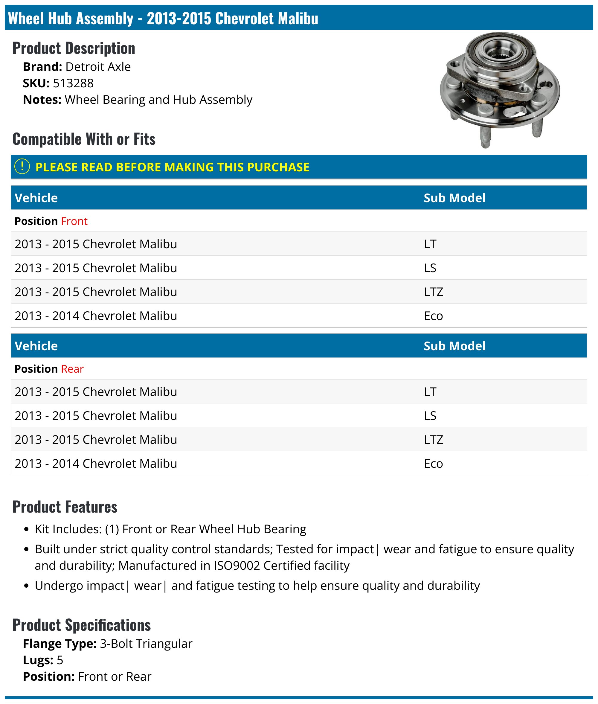 2013-2015 Chevrolet Malibu Wheel Hub Assembly - Detroit Axle 513288 ...