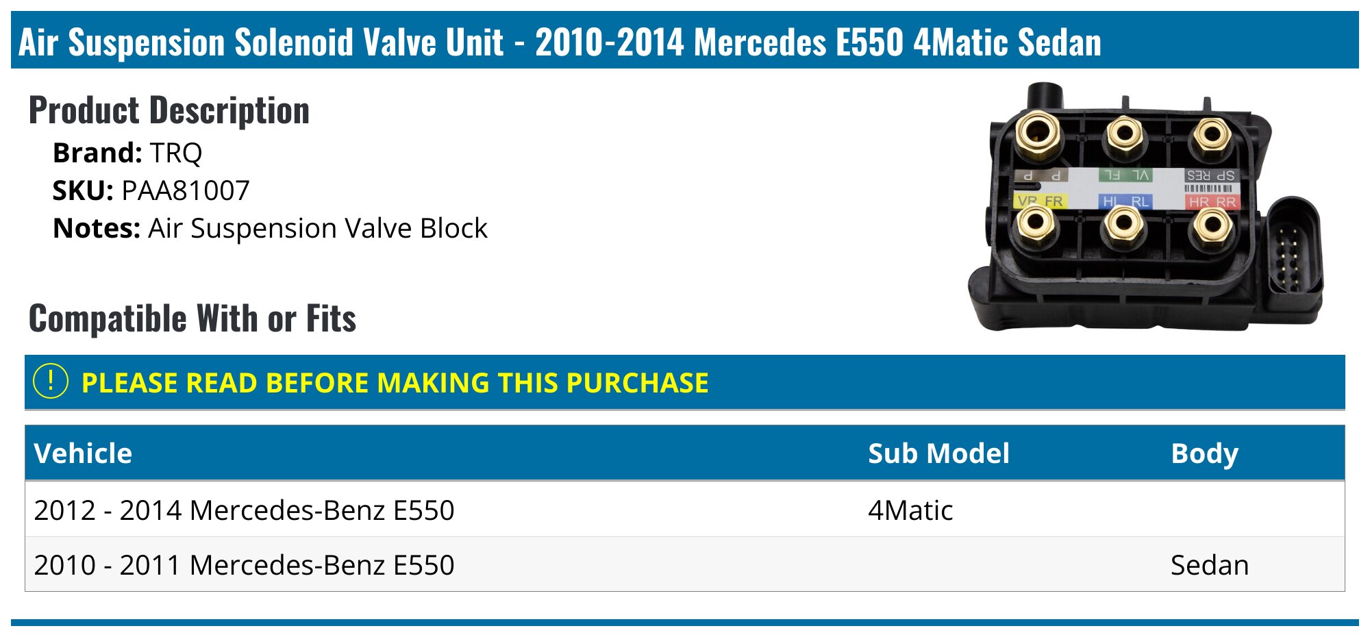 2010-2014 Mercedes E550 Air Suspension Solenoid Valve Unit - TRQ ...