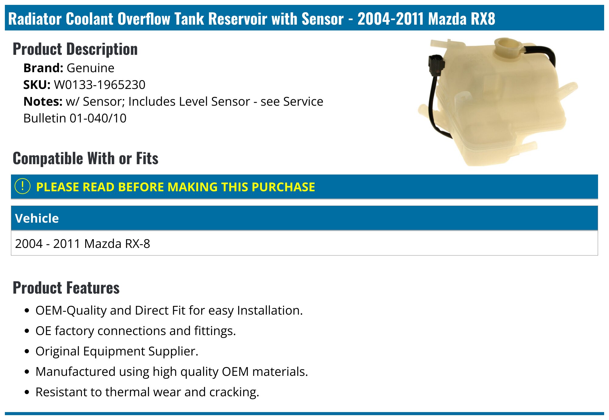 20042011 Mazda RX8 Expansion Tank Genuine W01331965230