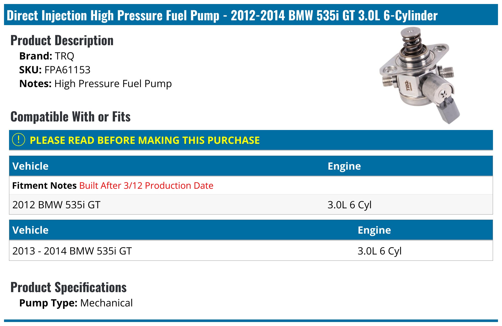 2012-2017 BMW 535i GT Fuel Pump - TRQ FPA61153 - PartsGeek.com