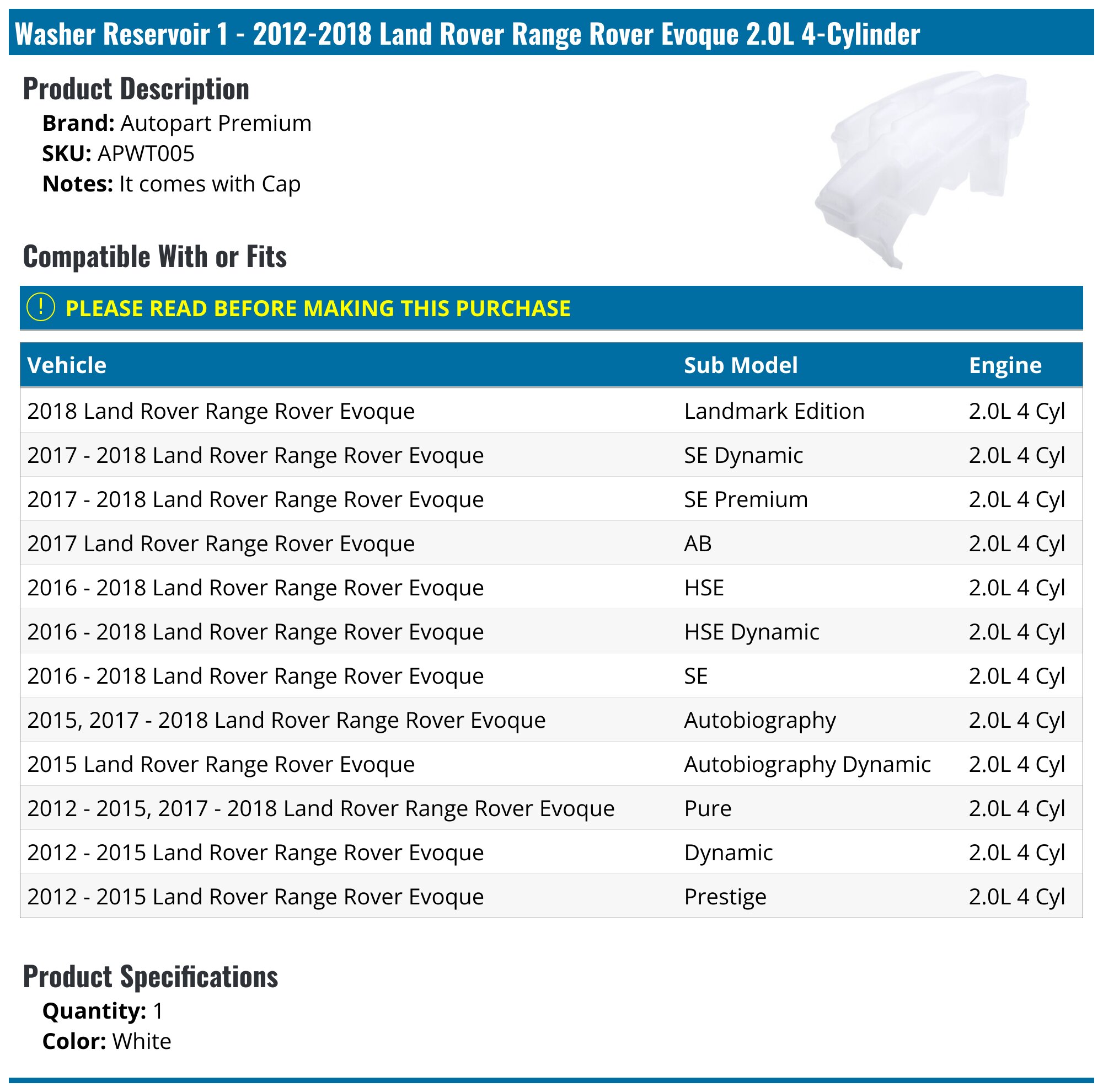 2012-2018 Land Rover Range Rover Evoque Windshield Washer Tank ...