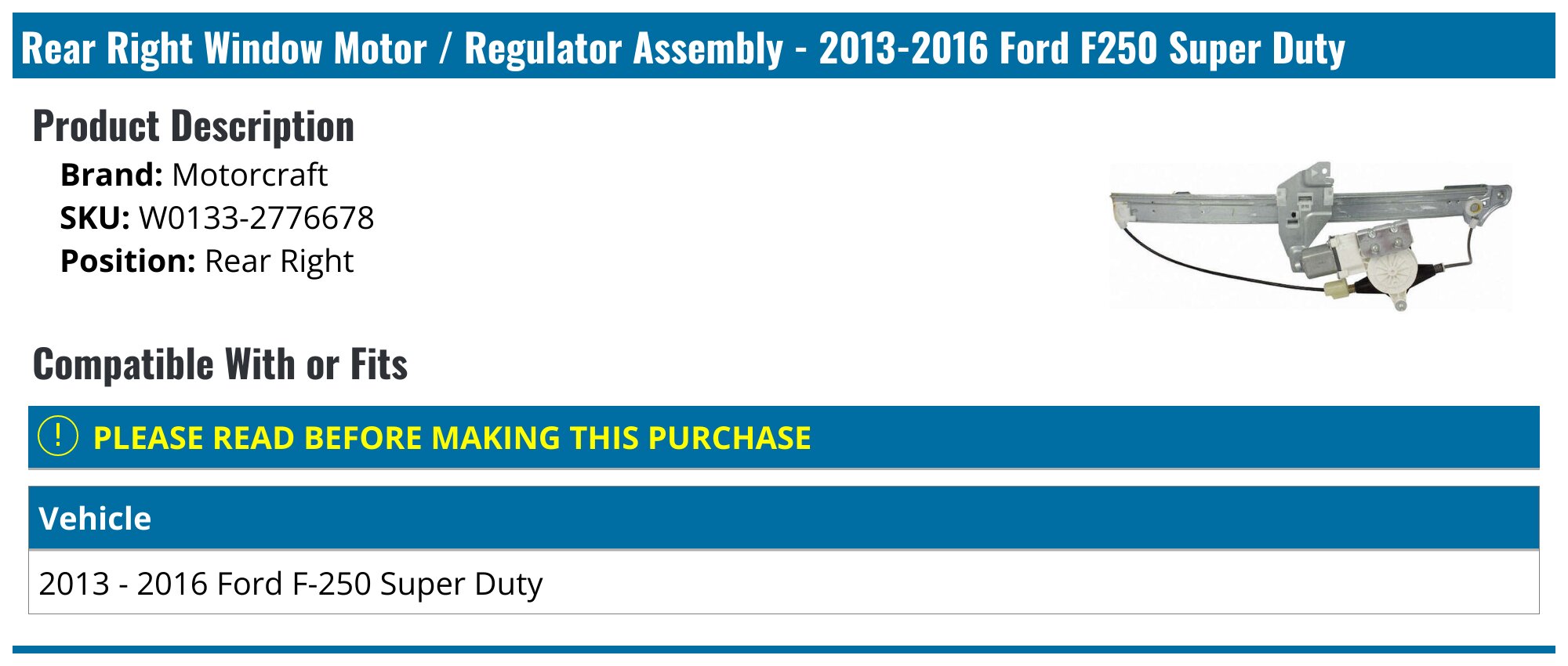 2013-2016 Ford F250 Super Duty Window Regulator - Motorcraft W0133 ...