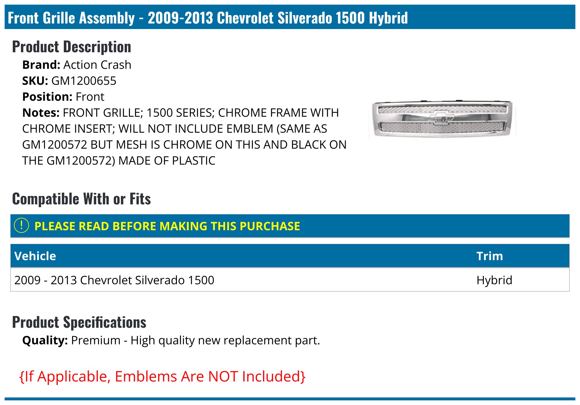 Chrome Grille Shell With Black Insert For 2007-2013 Chevy Silverado 1500 – Mesh Style
