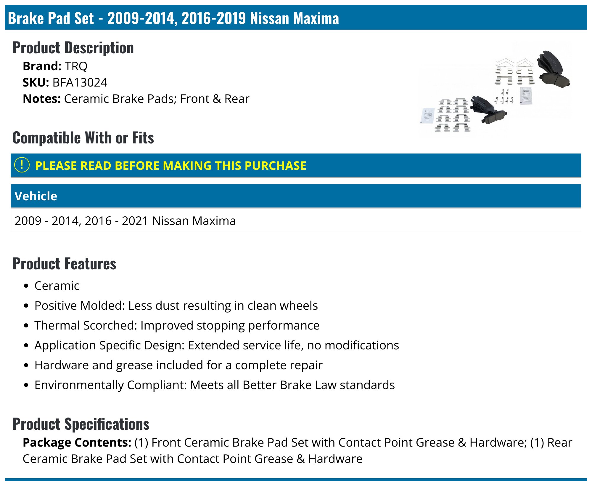 Front & Rear Ceramic Brake Pads Kit For Nissan Maxima 3.5L (2009-2019)