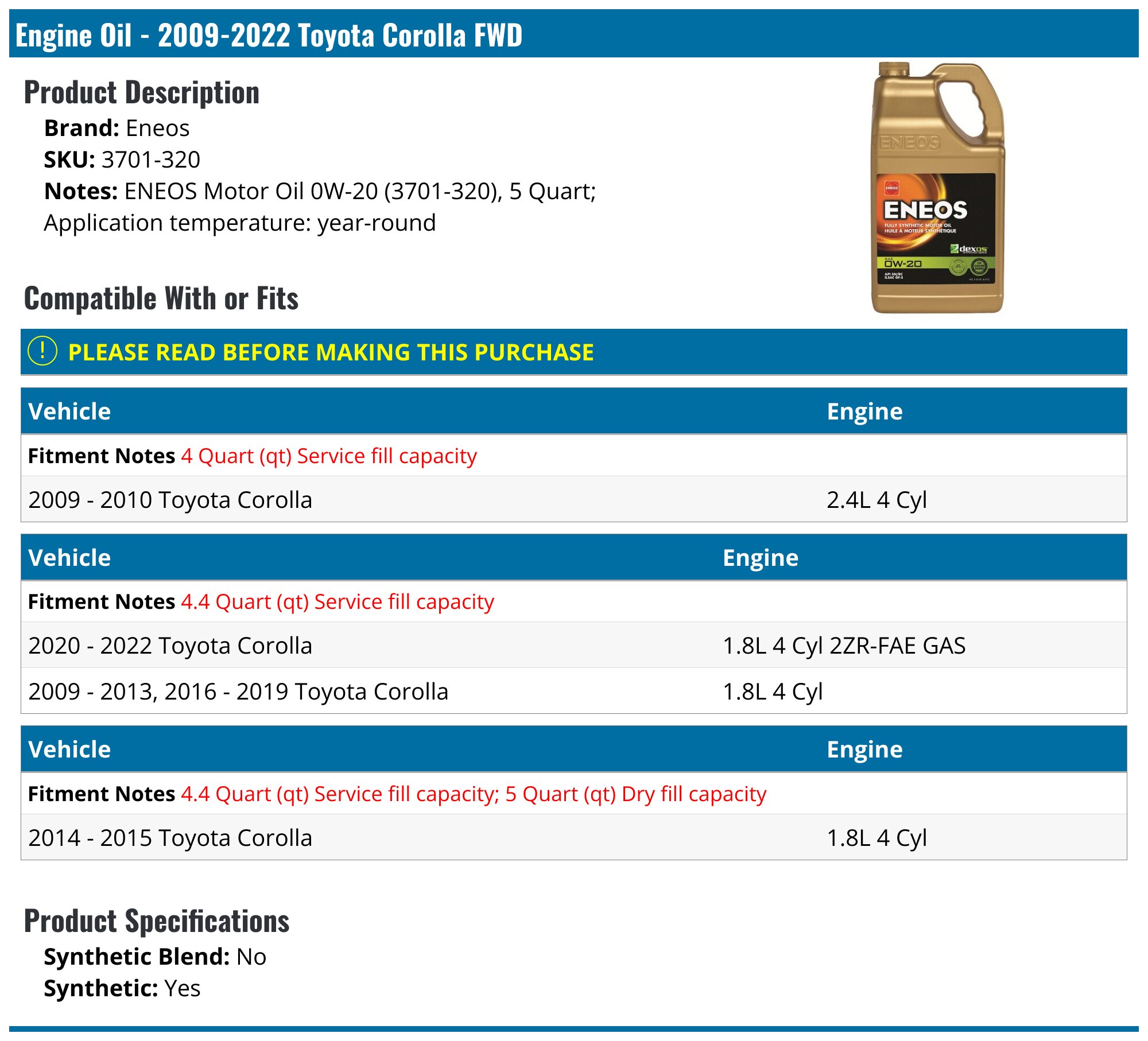 2009-2022 Toyota Corolla Engine Oil - Eneos 3701-320 - PartsGeek.com