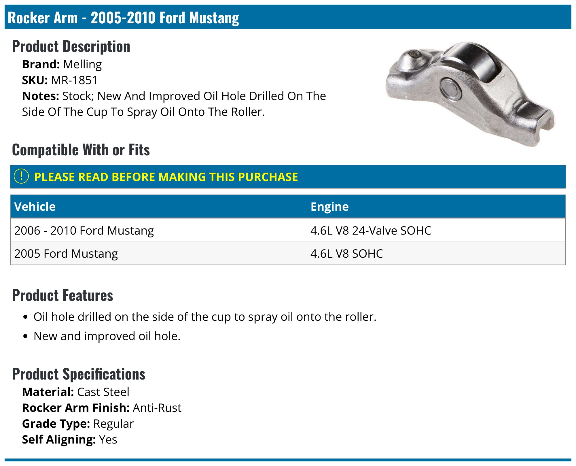 20052010 Ford Mustang Rocker Arm Melling MR1851
