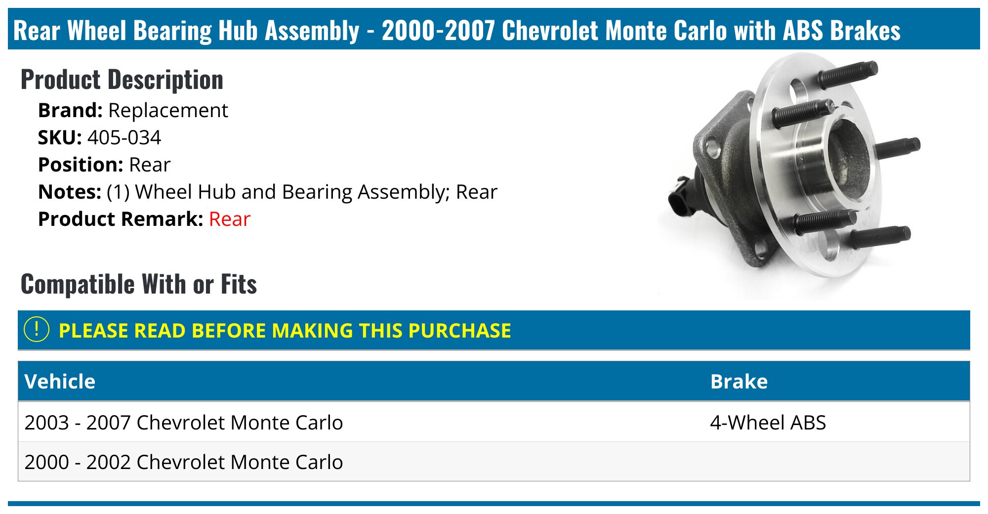 Moog Rear Wheel Bearing Hub For 00-07 Chevy Monte Carlo & 97-02 Pontiac Grand Prix – HB512357