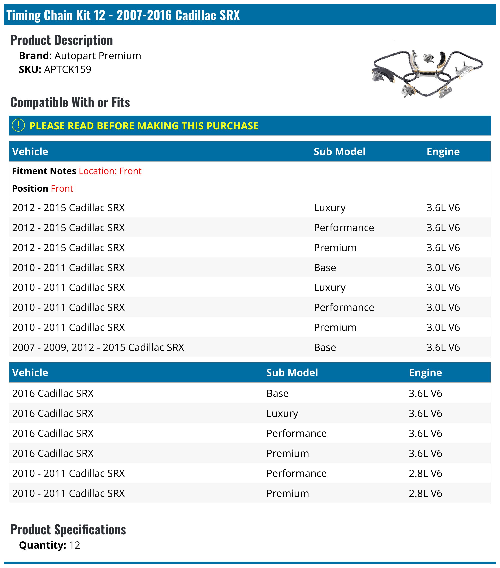 20072016 Cadillac SRX Timing Chain Autopart Premium APTCK159 Front