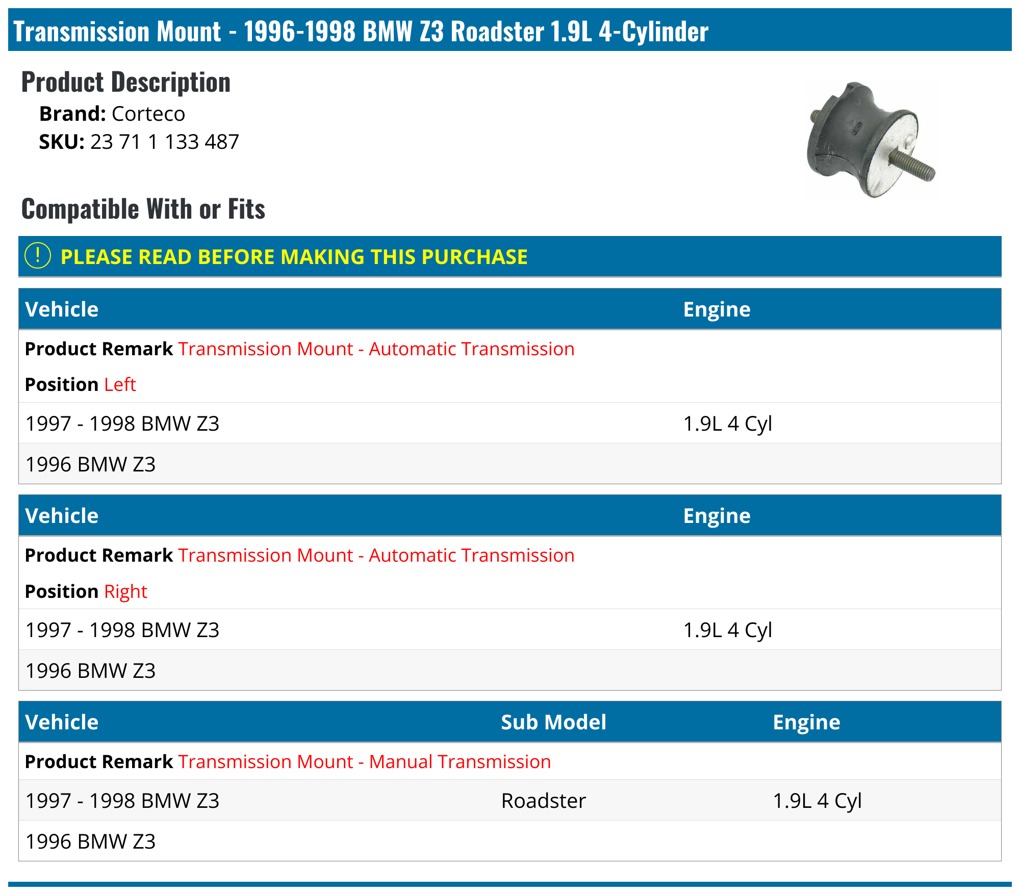 19961998 BMW Z3 Transmission Mount Corteco 23 71 1 133 487 Left