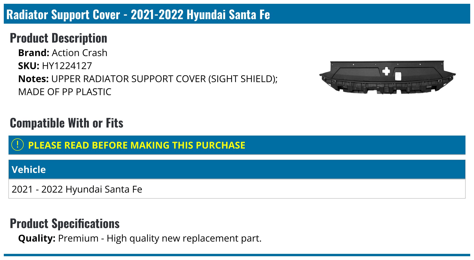 Action Crash Radiator Support Cover - for 2021-2023 Hyundai Santa Fe HY1224127 - Fitment Image