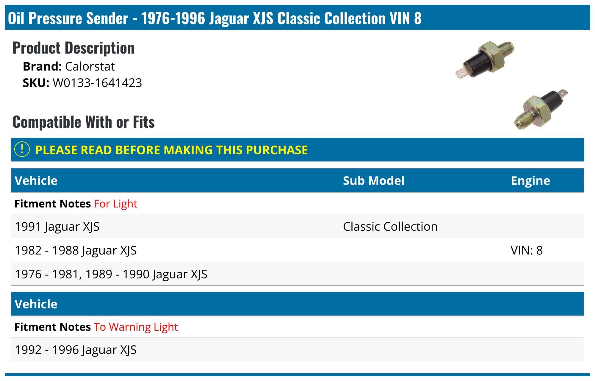 19761996 Jaguar XJS Oil Pressure Sender Calorstat W01331641423