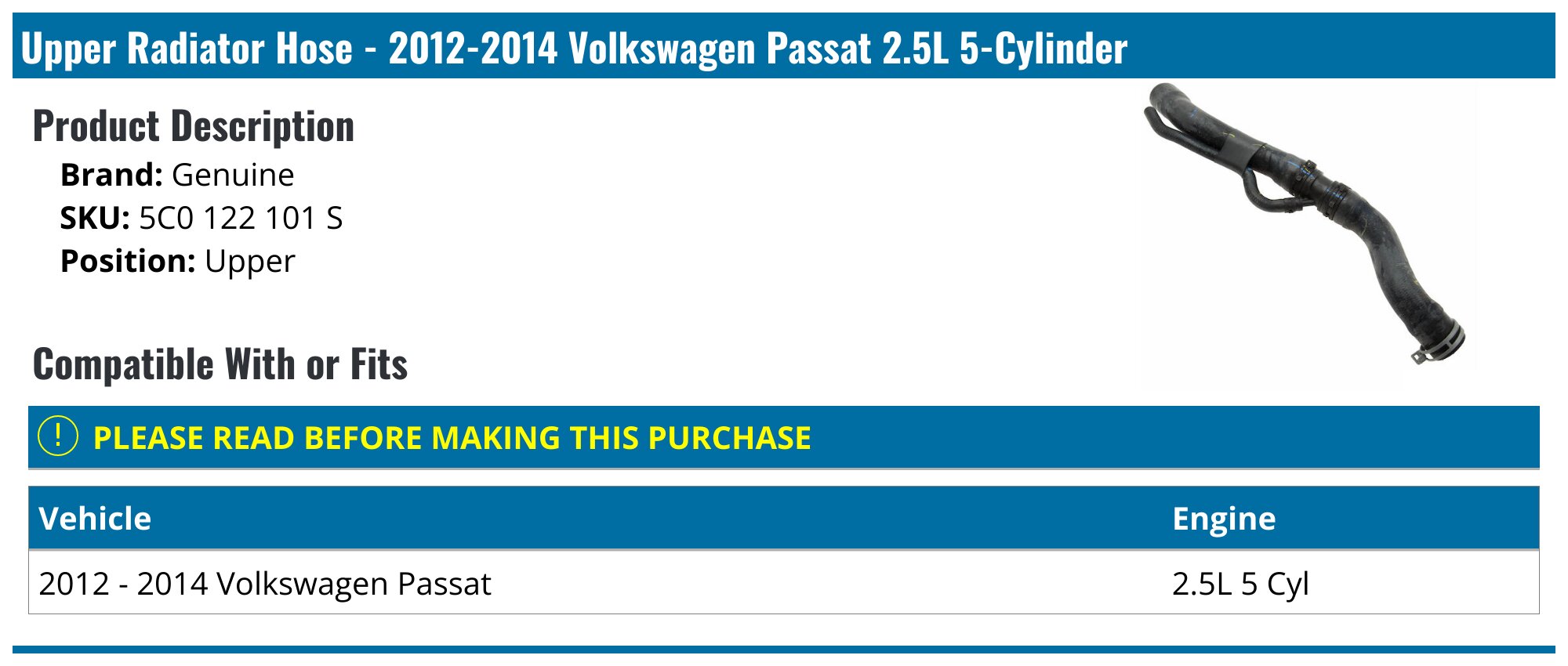 Engine Coolant Hose For 2014–2017 VW Jetta, Beetle, Passat – 5C0 122 291 E (W2745C)