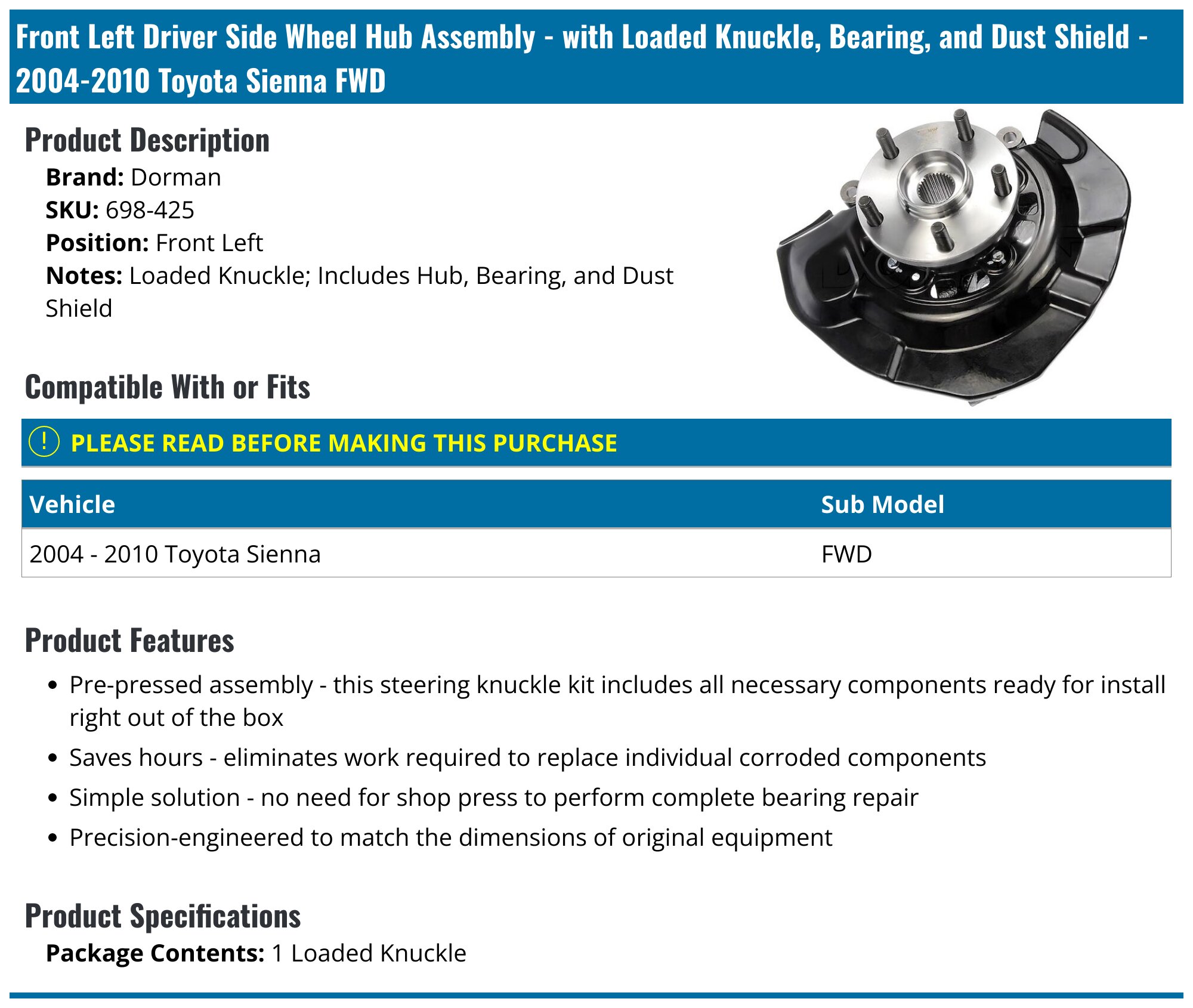 Detroit Axle Front Steering Knuckle & Wheel Hub Bearing Assembly Kit For 2004-2010 Toyota Sienna (FWD) – Driver & Passenger Sides