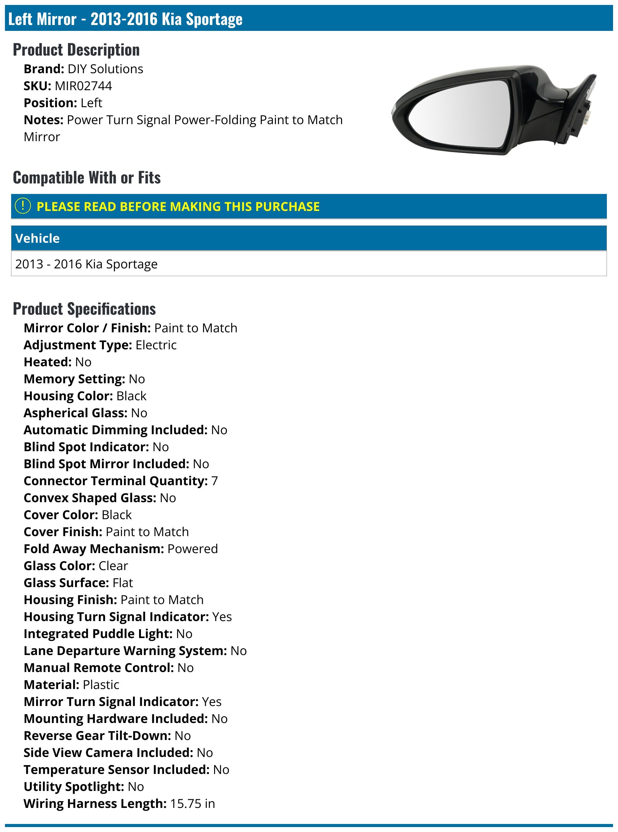 NEW Power Mirror For 2011-2016 Kia Sportage Left Paintable