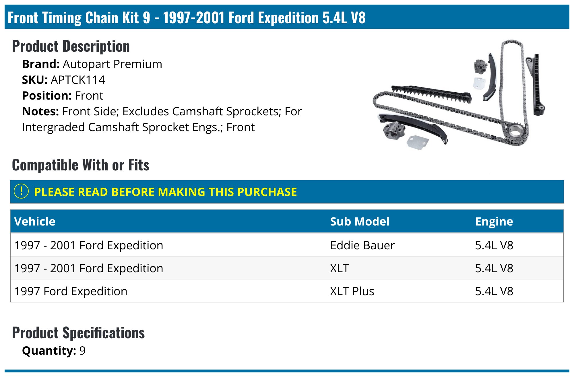 Timing Chain Kit for Ford F-150 Expedition E-250 Truck 1997-2001