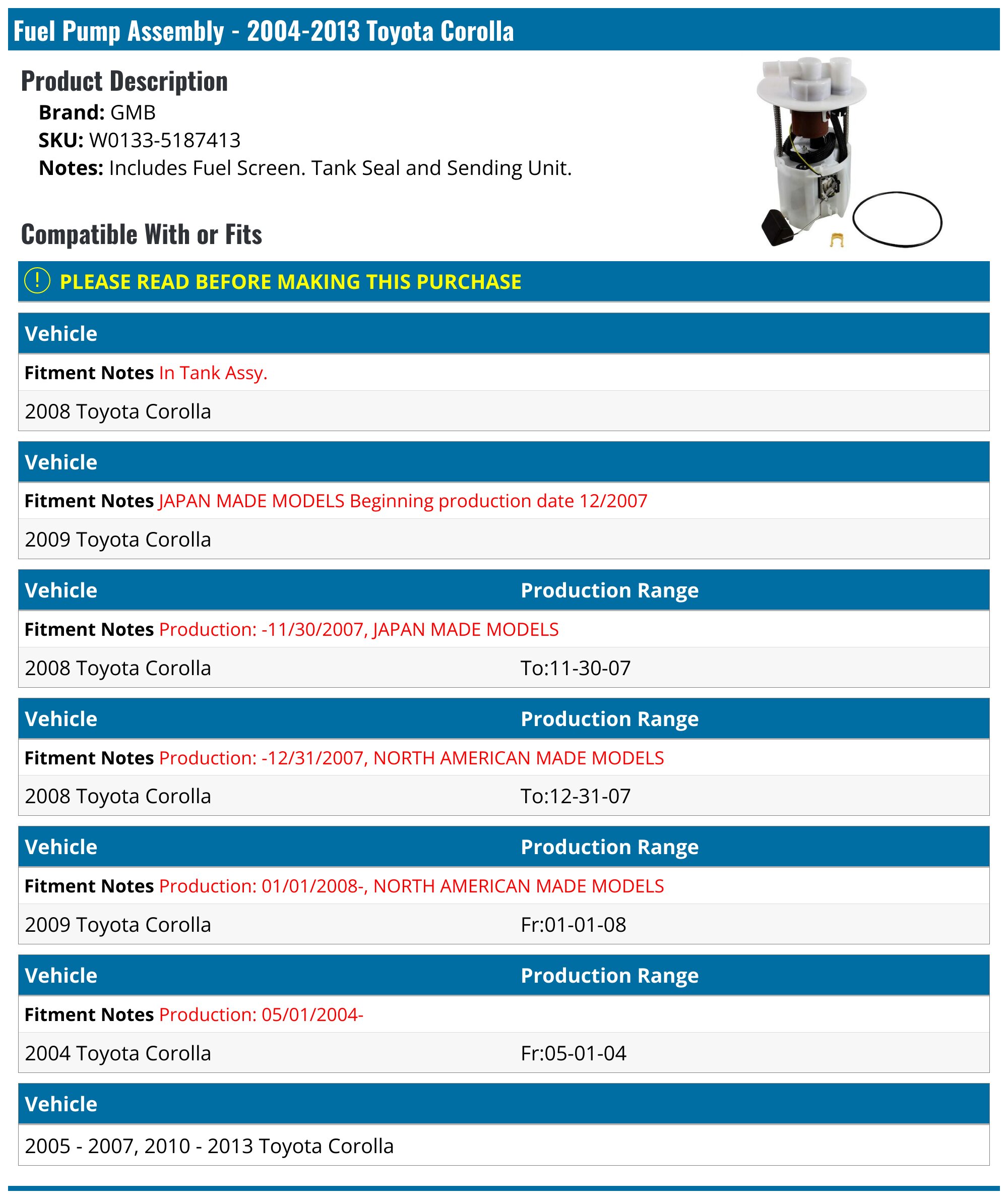 2004-2013 Toyota Corolla Fuel Pump - GMB W0133-5187413 - PartsGeek.com