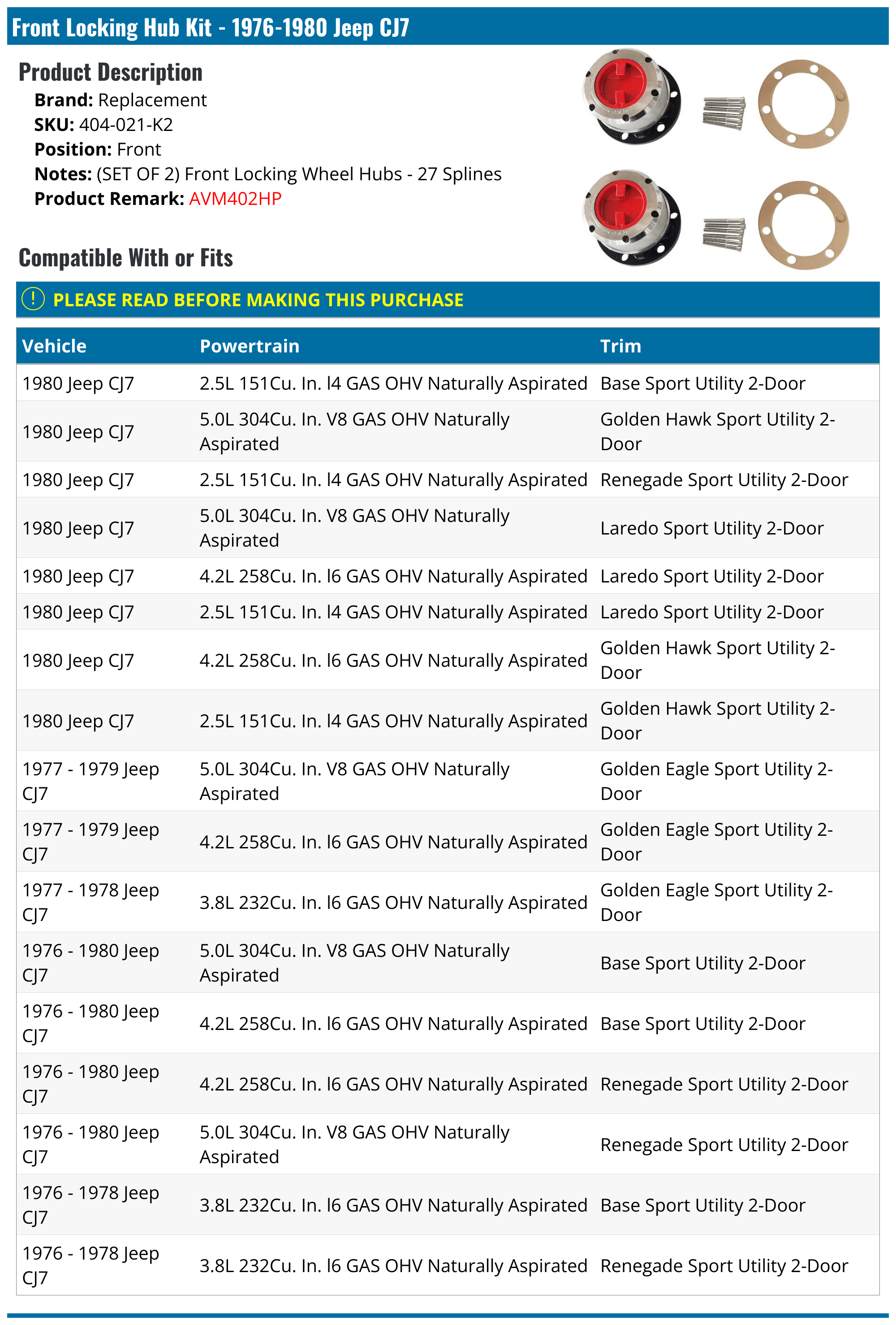 19761980 Jeep CJ7 Locking Hub Replacement 404021K2 Front