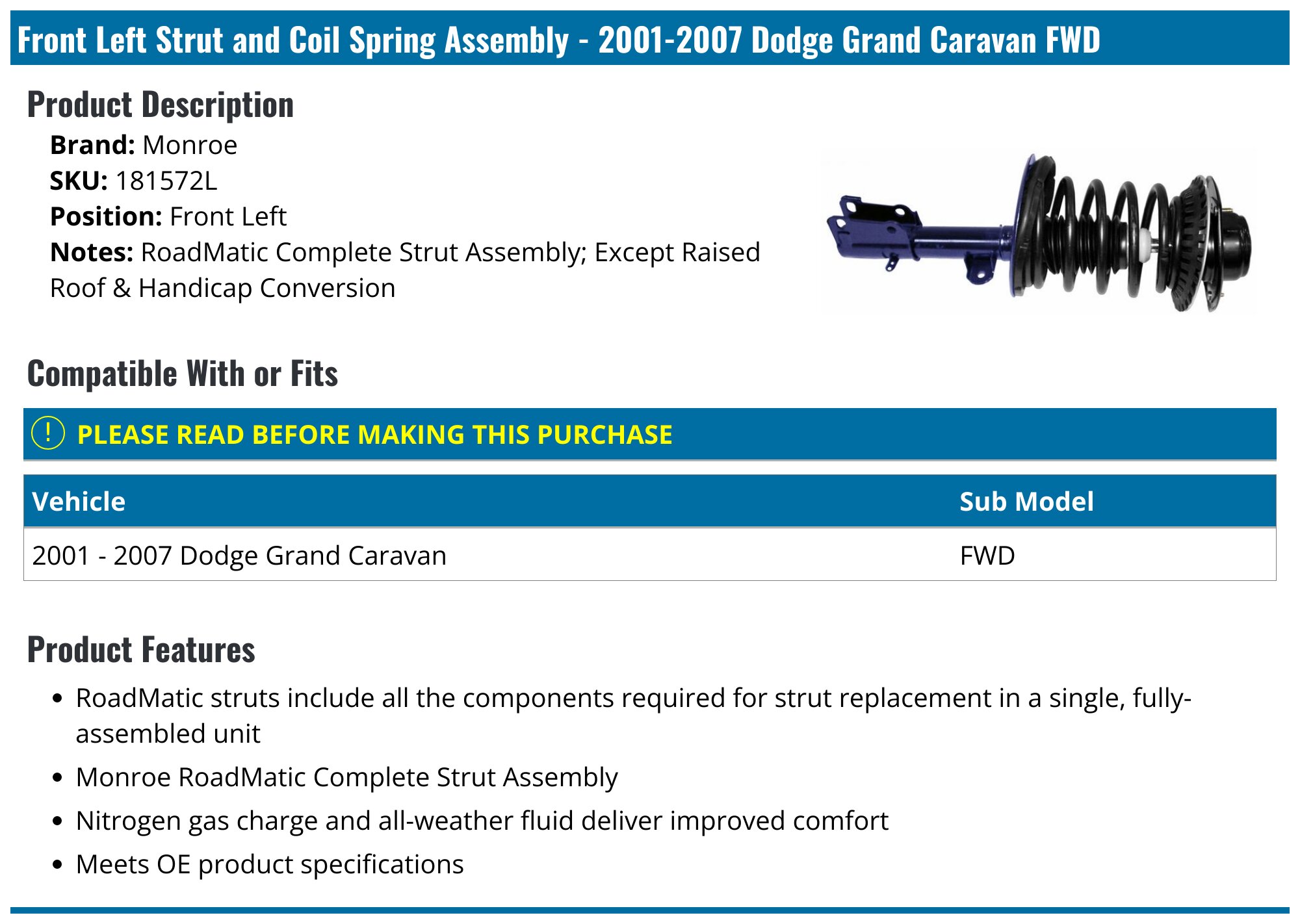 Auto Shack Front Left Complete Strut & Coil Spring Assembly For 2001-2007 Dodge Grand Caravan & Chrysler Town & Country